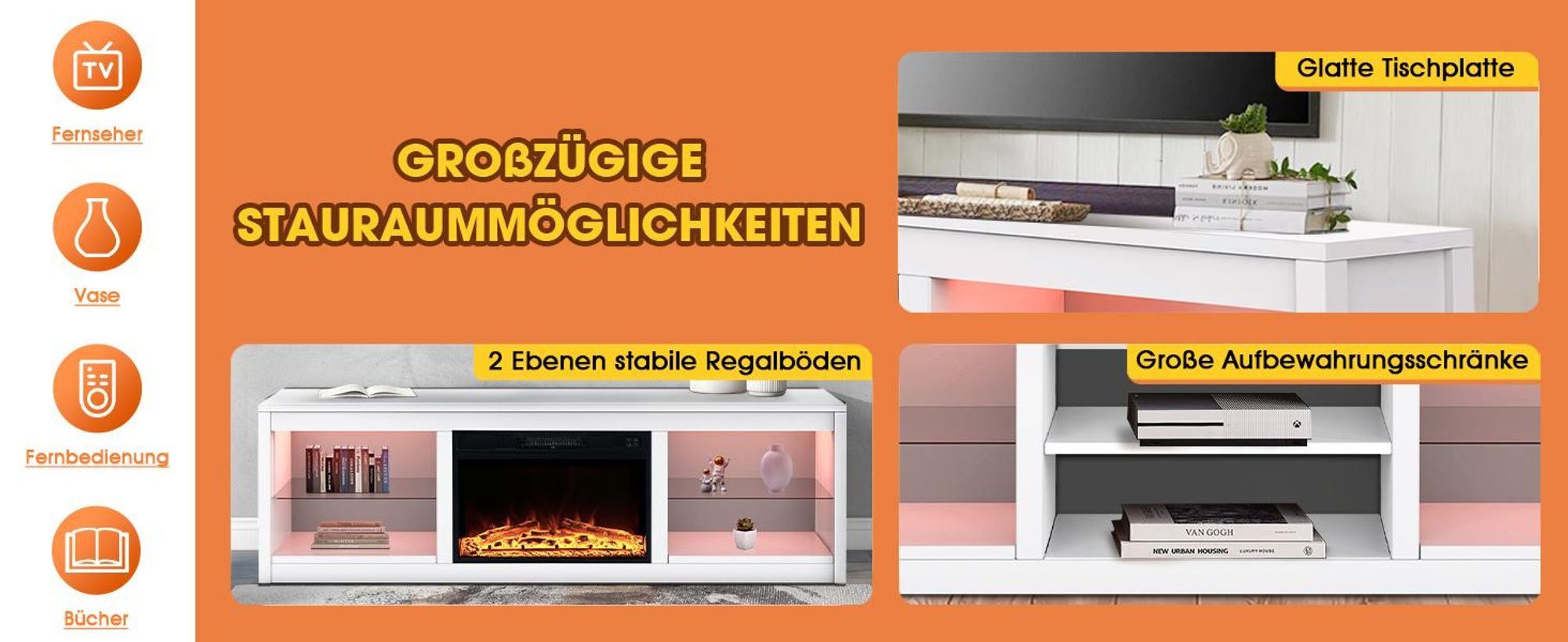 Parrot Uncle TV-Schrank für Fernseher bis 75 Zoll, MDF, Weiß , mit 24" Elektrokamin und Farbwechselnde LED-Leiste, 168 x 42 x 56 cm, 54 kg Tragkraft