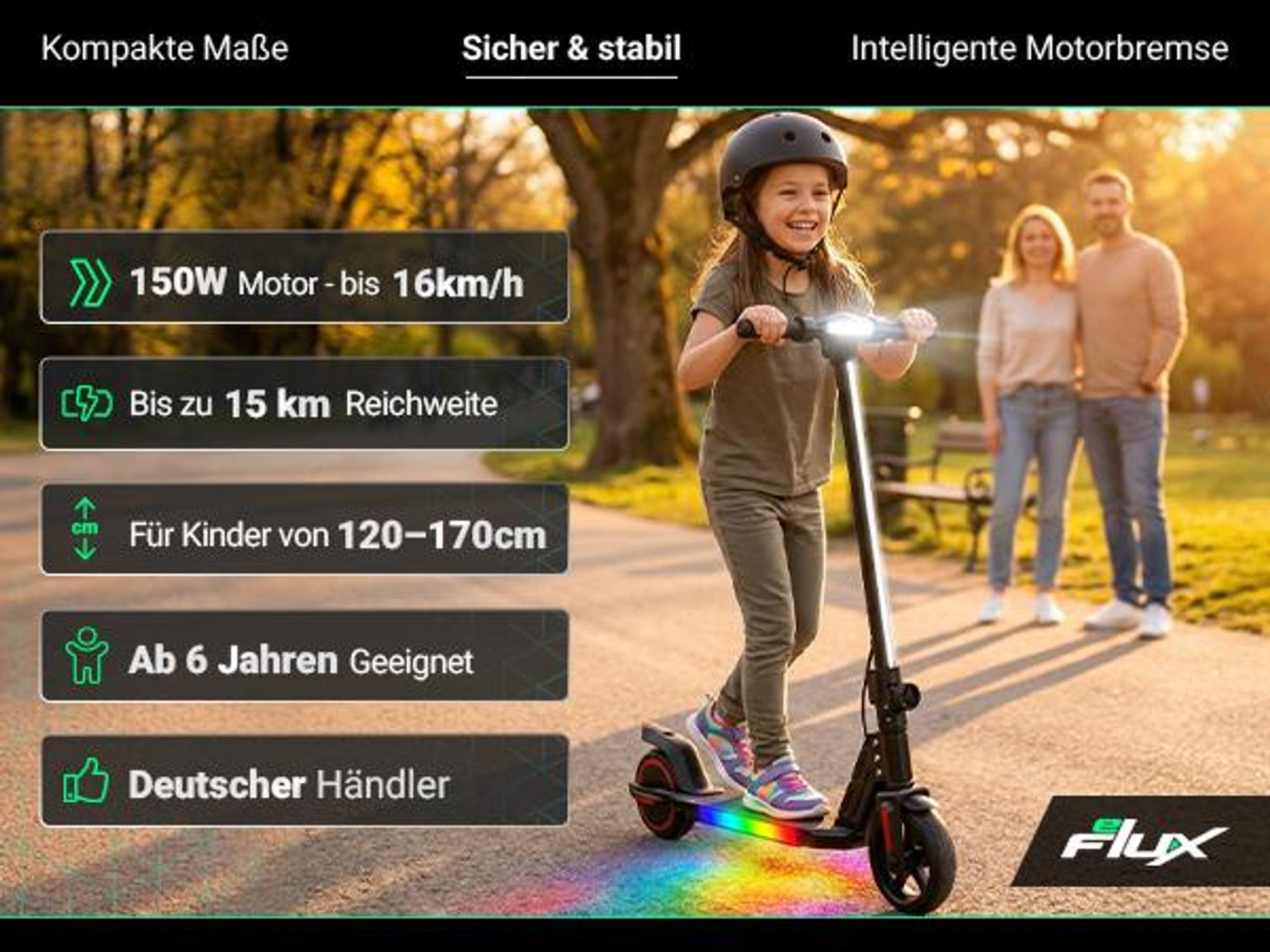 eFlux Kinder Elektroroller K1 | Faltbarer E Scooter - Elektroscooter - LED Display & Beleuchtung - 16 km/h - bis zu 15 km Reichweite - ab 6 Jahre