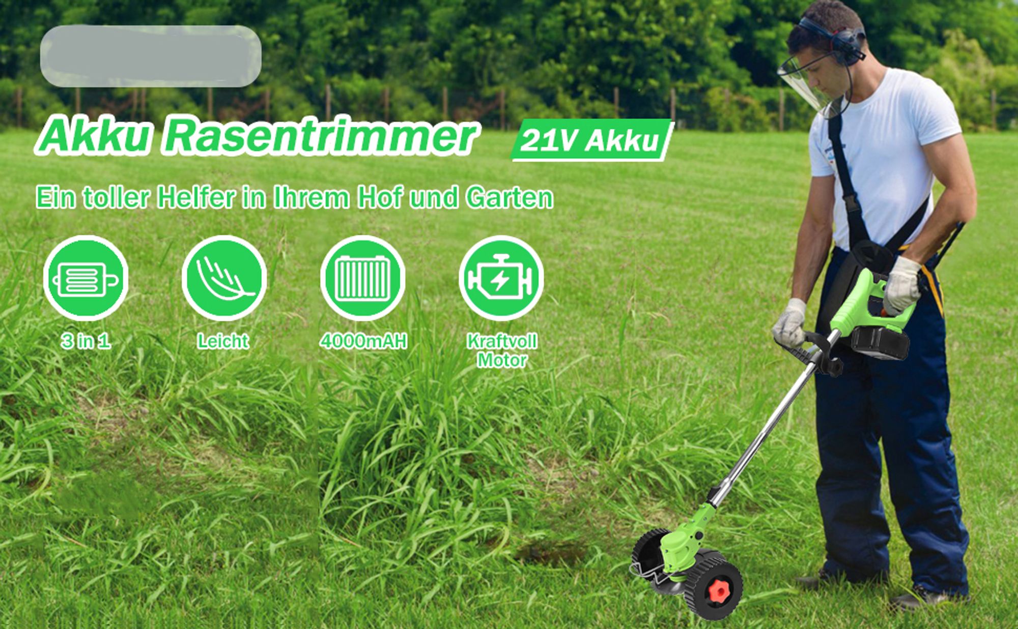 Akku-Rasentrimmer 21V Elektrischer Rasentrimmer - mit 3 Arten Klingen für Garten, Hof