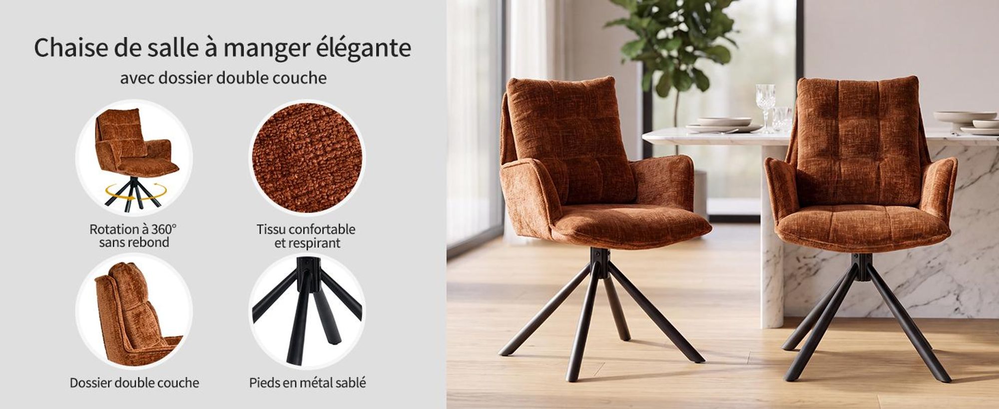 Chaise de salle à manger Duhome pivotante à 360° Lot de 4 fauteuils lounge Chaise en chenille avec fonction de retour pour bureau, cuisine, salon, chambre à coucher, orange