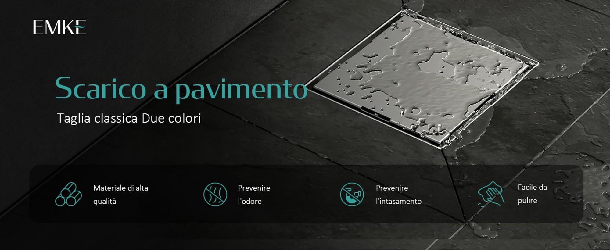 Set di scarico a pavimento EMKE in acciaio inox angolare 152 x 152 mm con sifone antiodore e filtro per capelli, set di fori per lo scarico della doccia