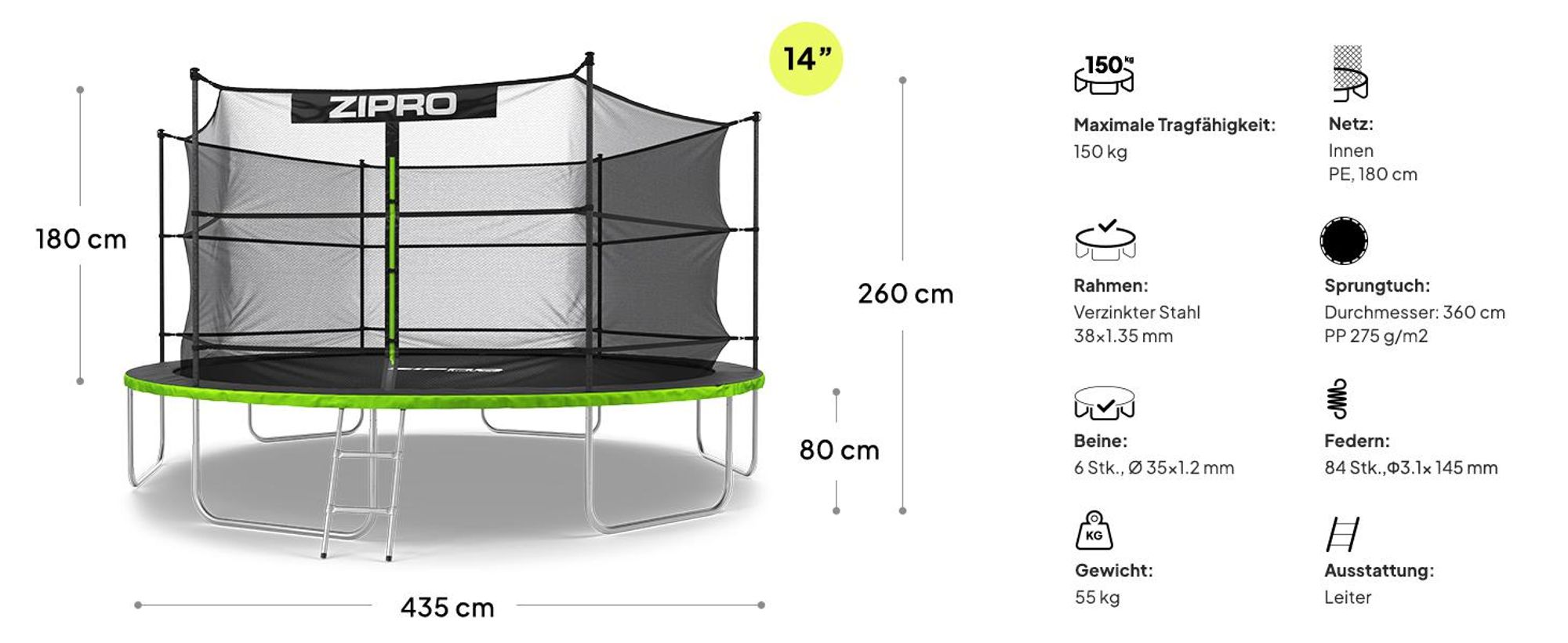 ZIPRO Trampolin Jump Pro IN | 14FT Ø 435 cm | Gartentrampolin Kindertrampolin Komplett-Set inkl. Innennetz, Leiter & Randabdeckung, Outdoor, Grün