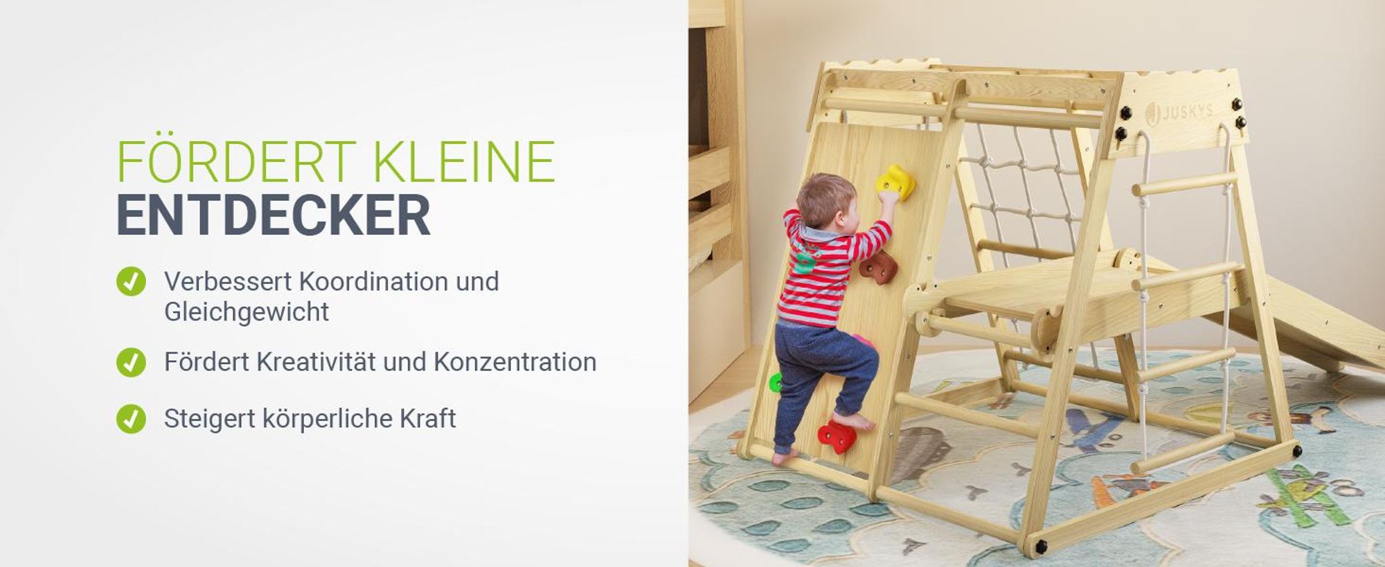 Juskys Mini Klettergerüst für Kinder - Rutsche, Kletterwand & Turnringe - Natur