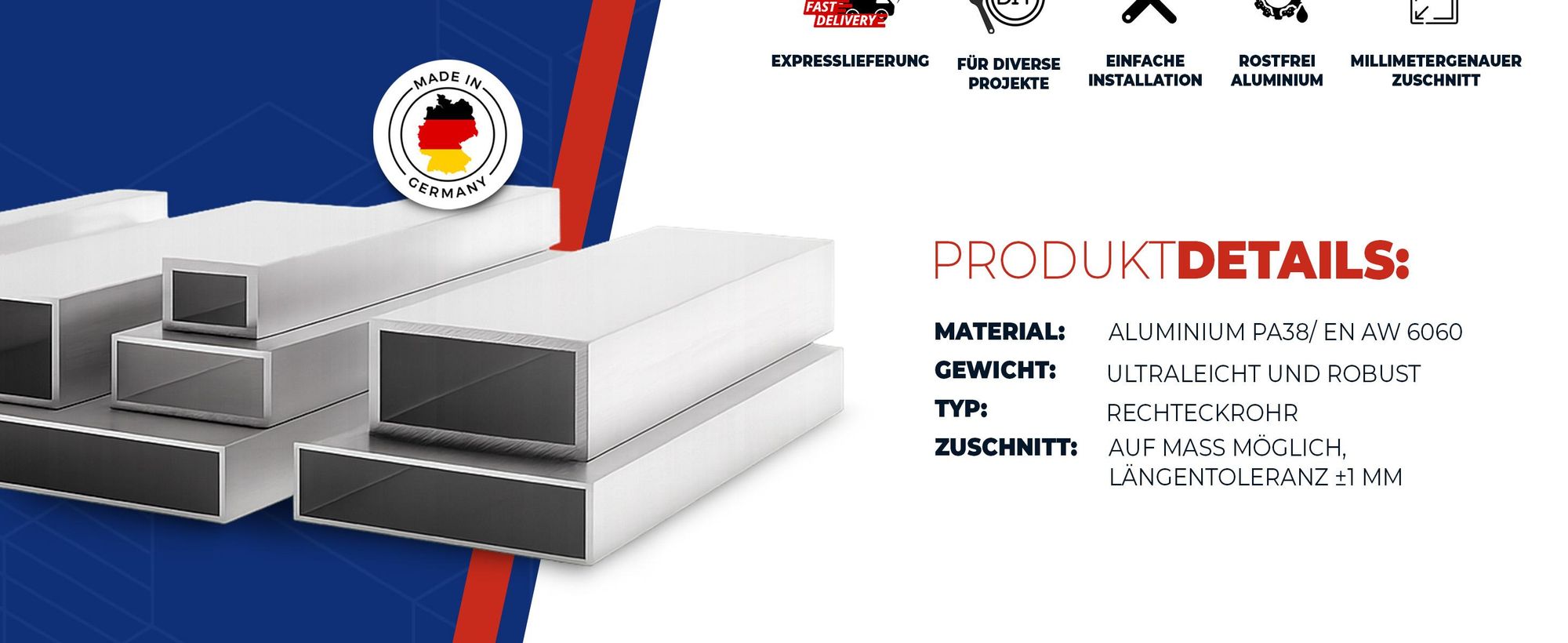 Aluminiumprofil, Alu Rechteckrohr, Aluminium, Alu rohr, Alu profil