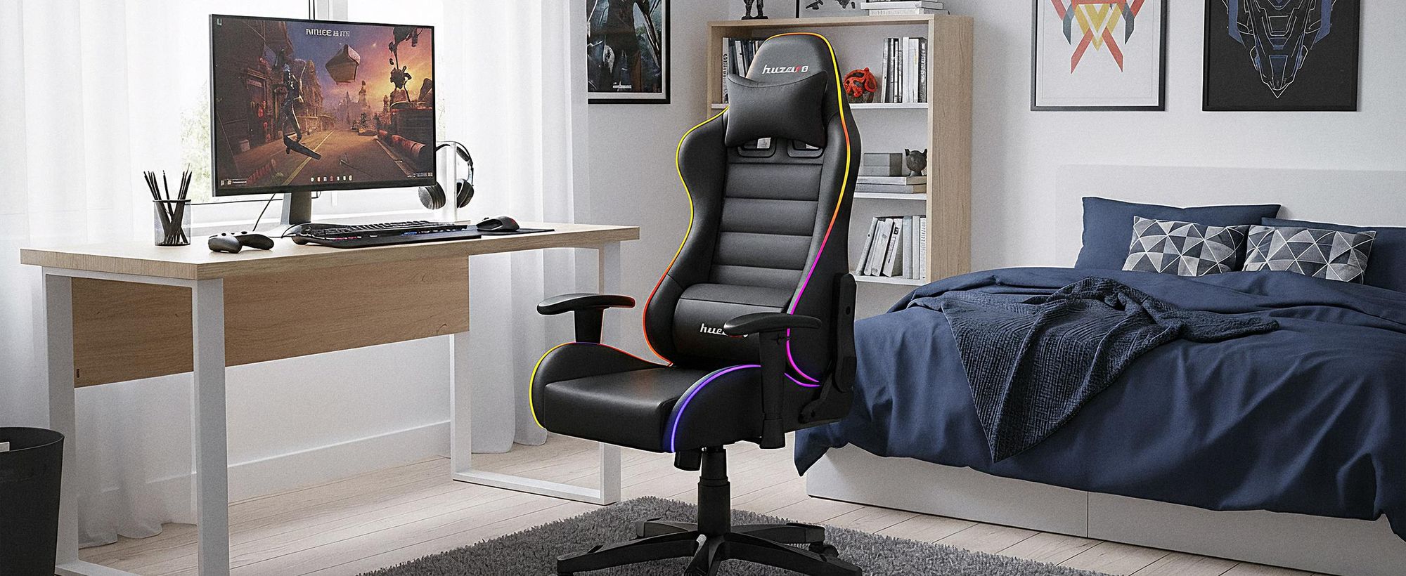 Huzaro Kinder Schreibtischstuhl Ranger 6.0 Gaming Stuhl Racing Sessel Bürostuhl Drehstuhl Gamer bis 130 kg RGB Led Schwarz