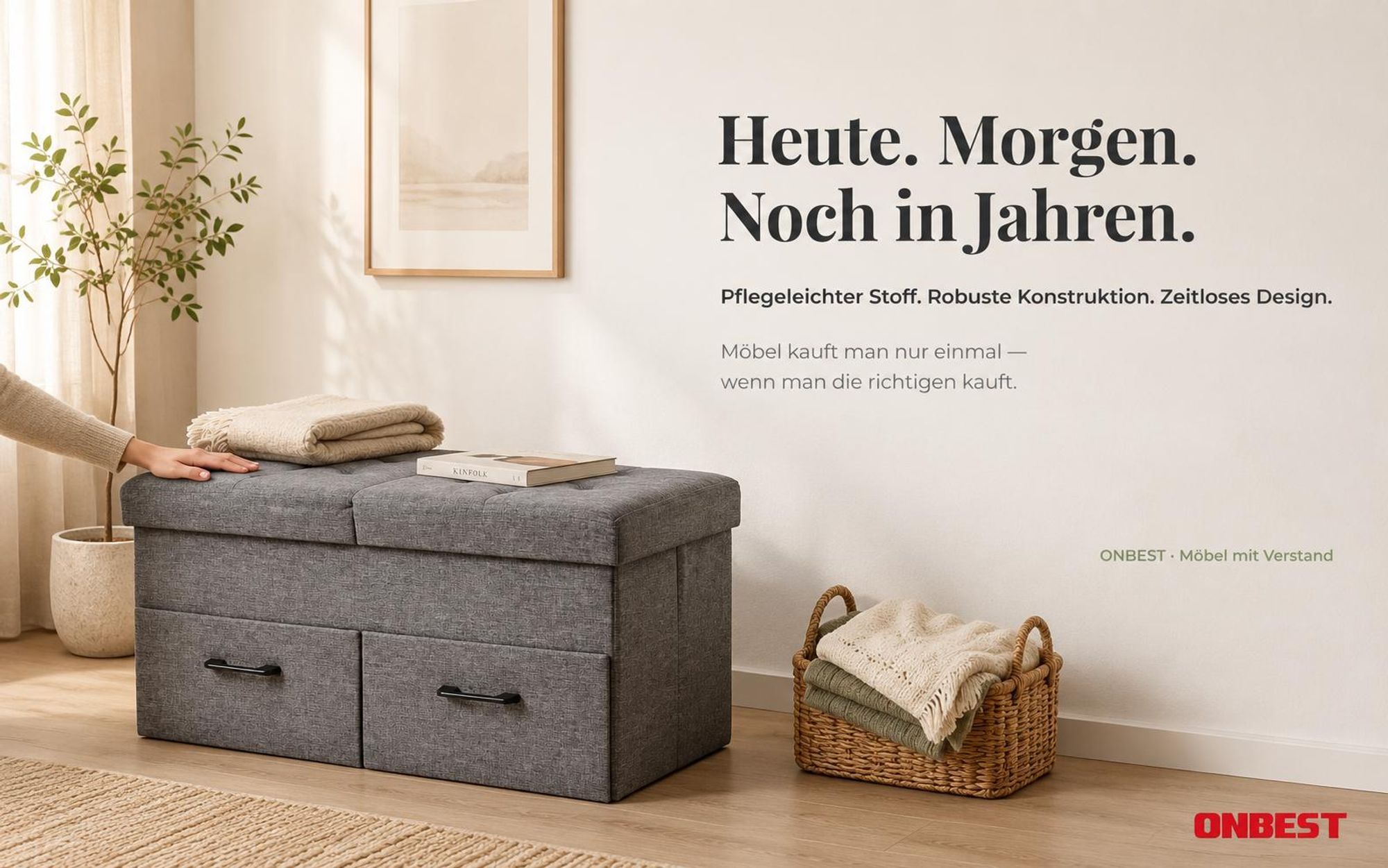 ONBEST Sitzbank mit Stauraum | 2 Schubladen | Grau | 110 kg | 77x40x38 cm (BxHxT) | Leinenoptik | klappbarer Deckel | gepolstert