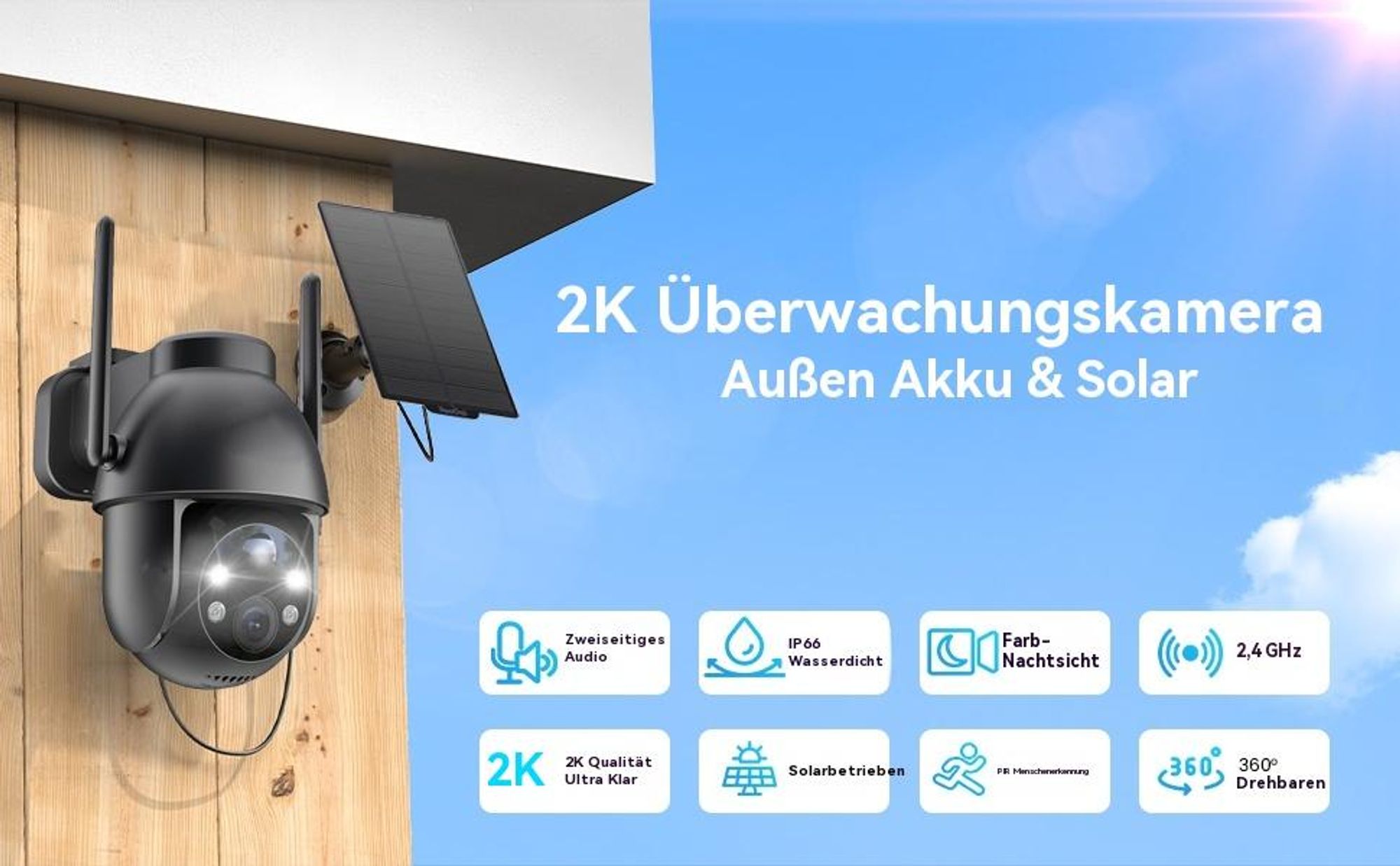 3MP FHD Überwachungskamera Aussen Akku mit Solarpanel Kabellose Farbnachtsicht
