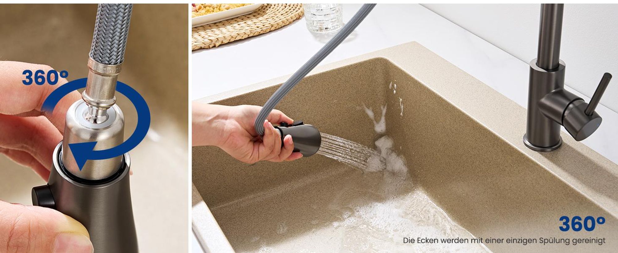 Küchenarmatur Grau, Ausziehbar Wasserhahn Küche mit 2 Strahlarten, hochdruckarmatur, Cecipa MAX Wasserhahn für Spülbecken, 304 Edelstahl Mischbatterie