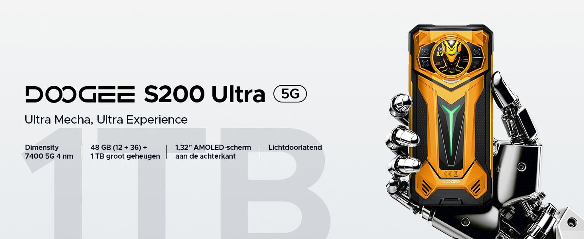 DOOGEE S200 Ultra robuuste smartphone, 5G, IP68/IP69K, 6,72" 120Hz, 1,32" AMOLED-scherm, 11000mAh batterij, 66W opladen, 48GB+1TB opslag, 100MP camera