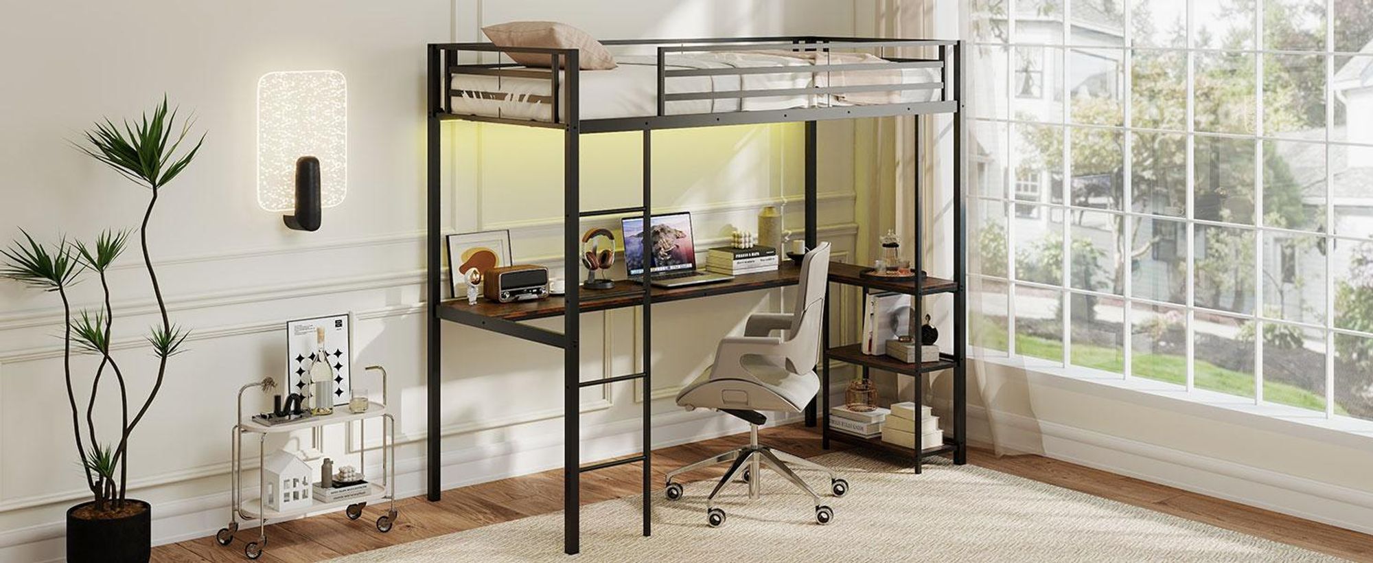 COSTWAY Hochbett Etagenbett 90x200cm mit Schreibtisch, LEDs, Ladestation, 2 Ablagen, Sicherheitsgeländer & Leiter, Stockbett Kinderbett Metall Silber
