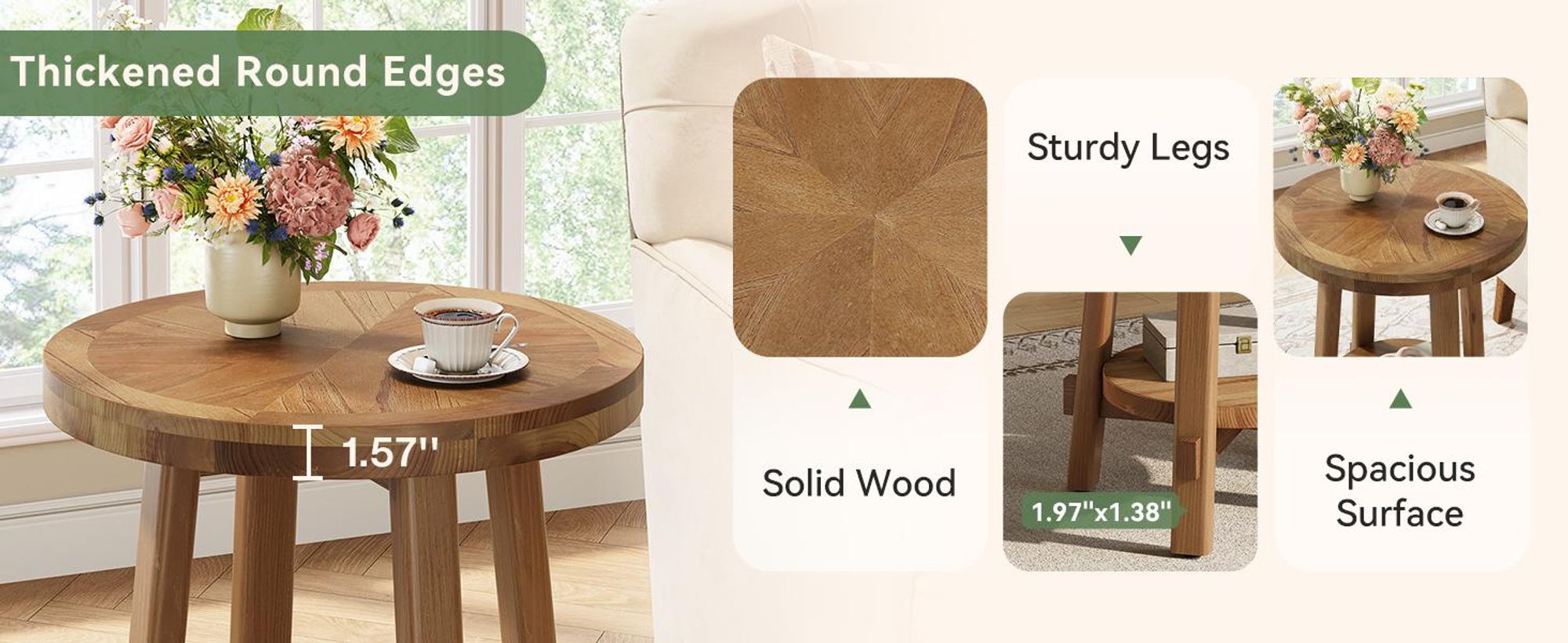 Beistelltisch, Couchtisch aus Massivholz, kleiner runder Nachttisch mit 2 Ablageflächen, Sofatisch im Landhausstil aus Holz für Räume, Schlafzimmer