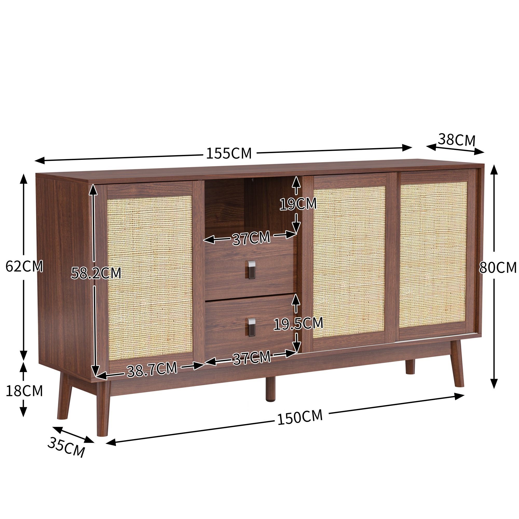 MODFU Sideboard mit 3 Rattan Türen und 2 Schubladen, Schrank Buffetfür Wohnzimmer, Schlafzimmer, Kinderzimmer, Jugendzimmer und Büro, Nussbaum