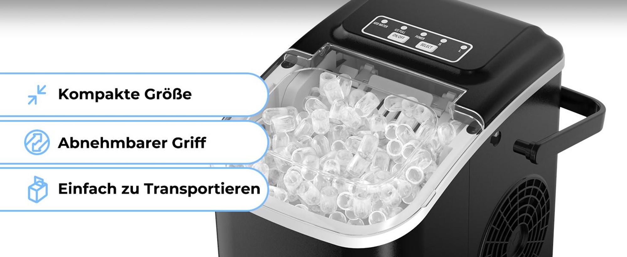 Eiswürfelmaschine, Eiswürfelbereiter, Ice Maker, 12KG/24H, 2 Eiswürfelgrößen, 1,2 L Tank, Selbstreinigende, mit Griff-Eiswürfelkorb/Schaufel
