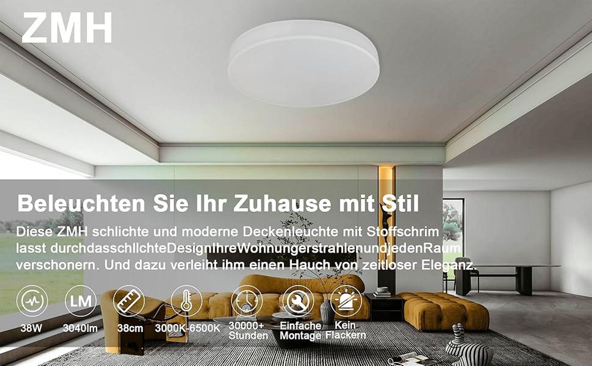 ZMH lampa sufitowa LED lampa sufitowa do salonu ściemnialna z pilotem Biała lampa do sypialni z tkaniny Okrągła lampa z kloszem z tkaniny Sypialnia Nowoczesna