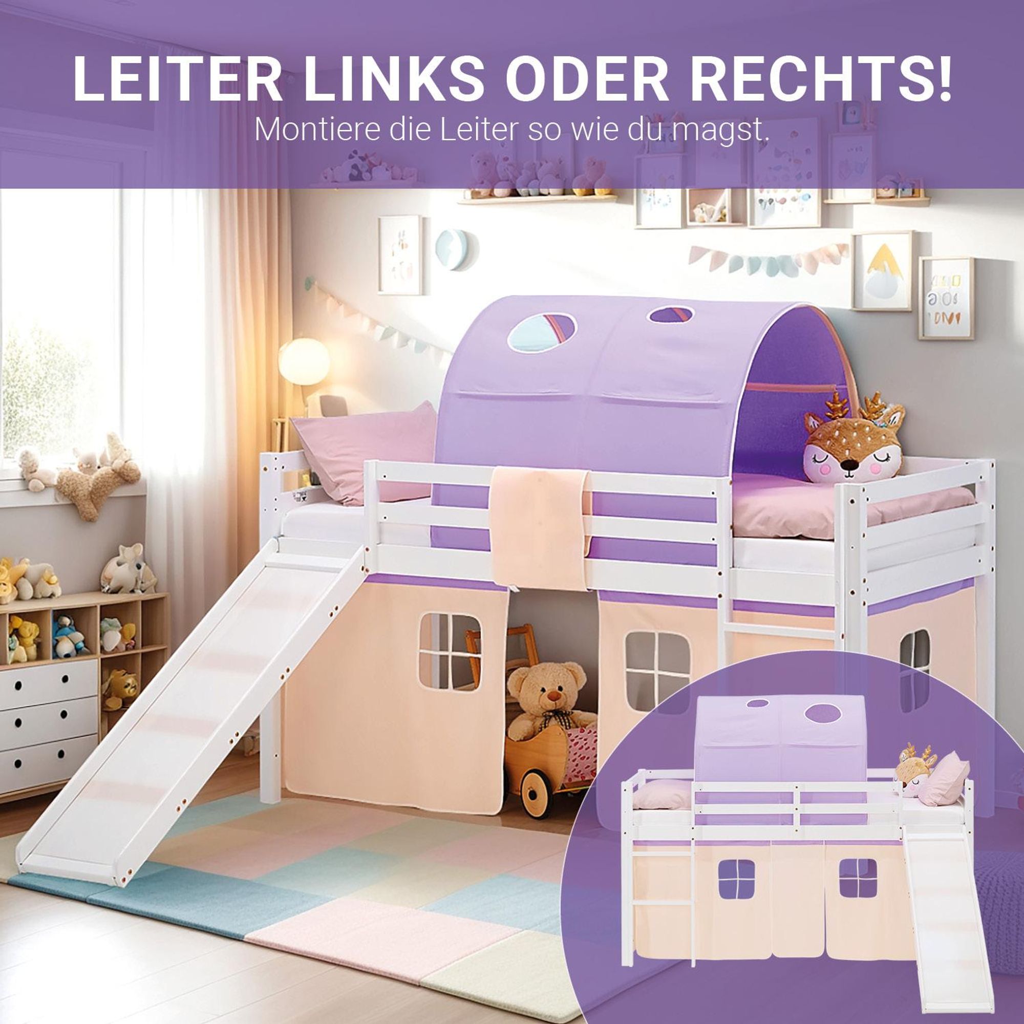 Die Rutsche vom Bett ist links oder rechts montierbar.