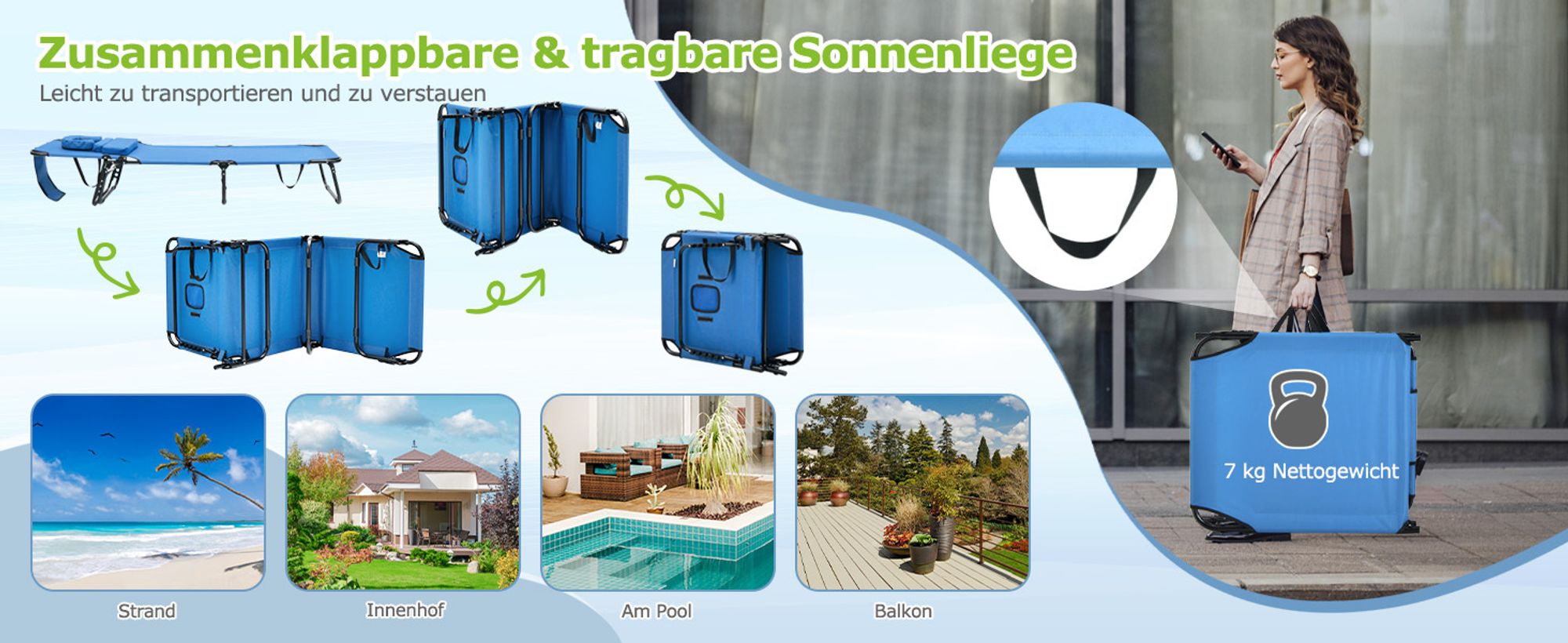 COSTWAY Gartenliege klappbar, Sonnenliege mit Gesichtsöffnung, 3 Kissen & verstellbarer Rückenlehne, Strandliege Liegestuhl bis 150kg 194x63x37cm