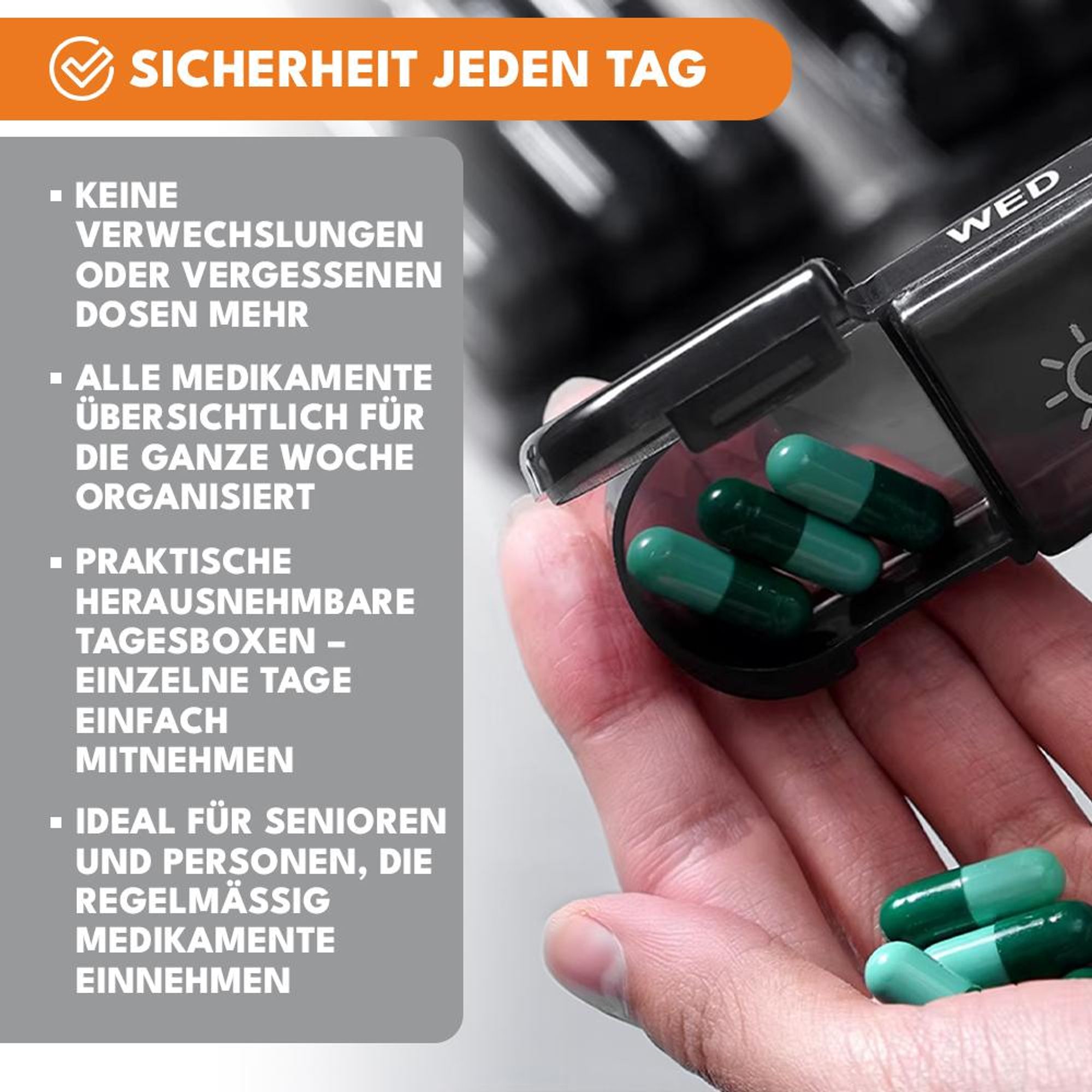 KRUMAD Tablettenbox 7 Tage, Medikamentenbox mit Tagesfächern morgens mittags abends, kompakte Pillendose für Medikamente & Supplements
