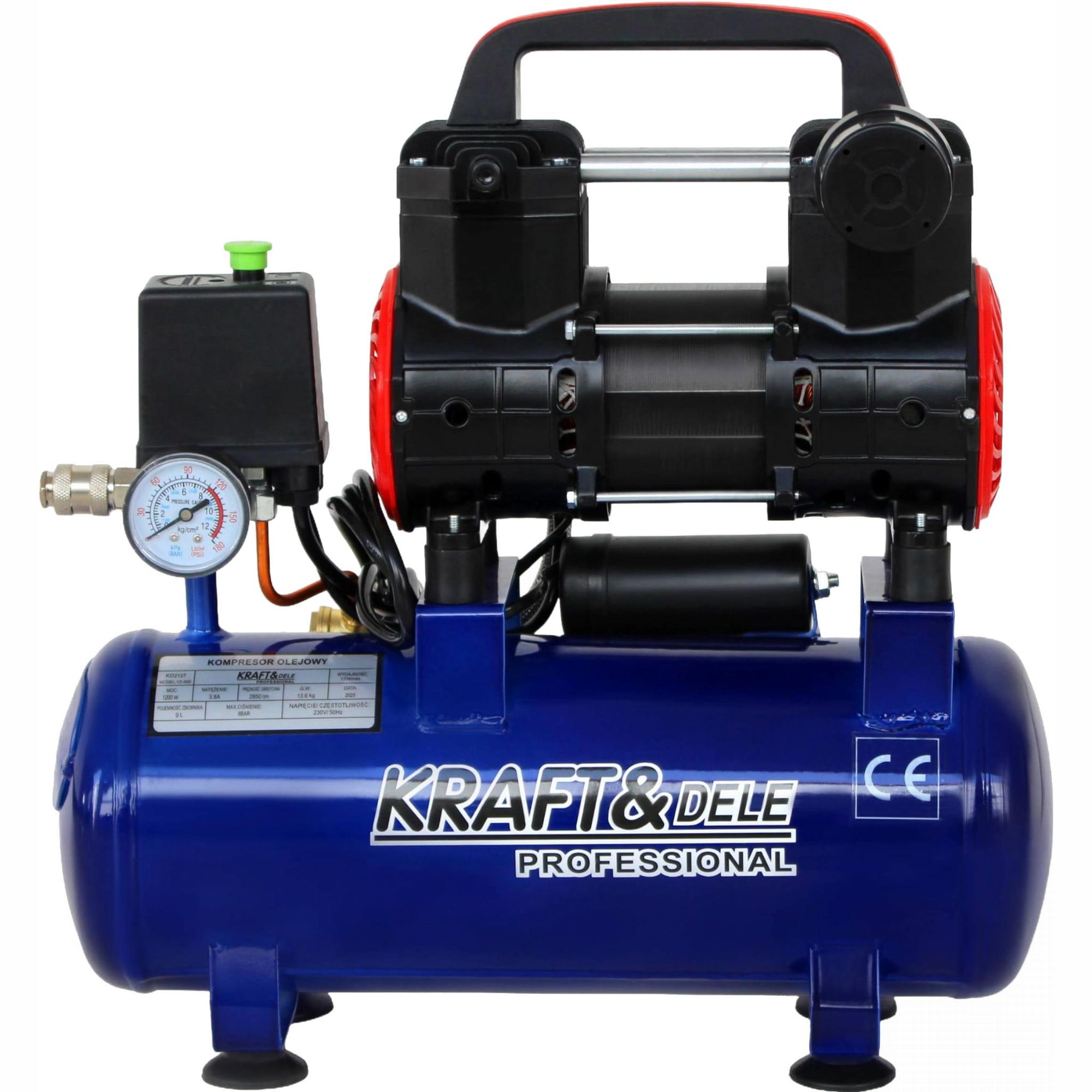 KRAFT&DELE | Flüsterkompressor, 9L, 230V, 1200W, Kompressor, Druckluftkompressor, Kessel inklusive Druckminderer
