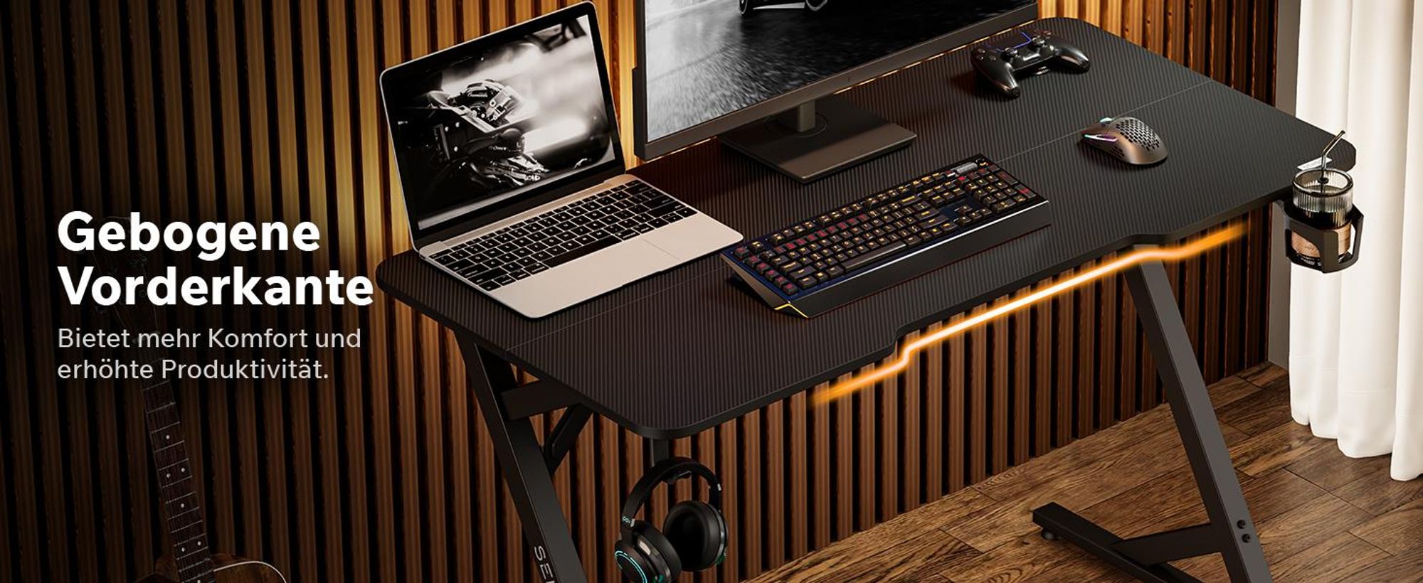 Sense7 VAMO Gaming Schreibtisch 140x70 cm Schwarz Computertisch PC Tisch Carbon Optik Z-Shape Gamer Tisch mit Getränkehalter Home Office Büro