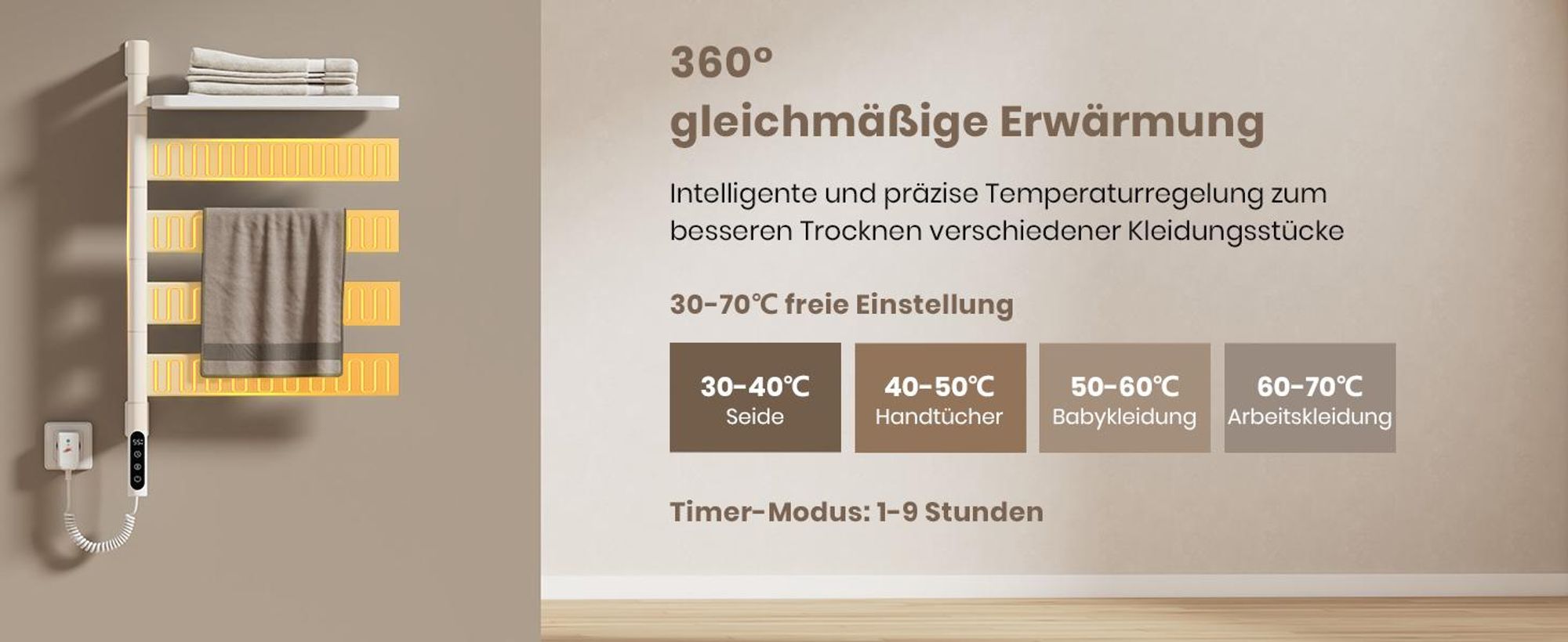 EMKE Elektrischer Badheizkörper mit drehbarem Handtuchhalter und Ablage Thermostat WiFi-App Sprachsteuerung Timer 76x45x14cm weiß