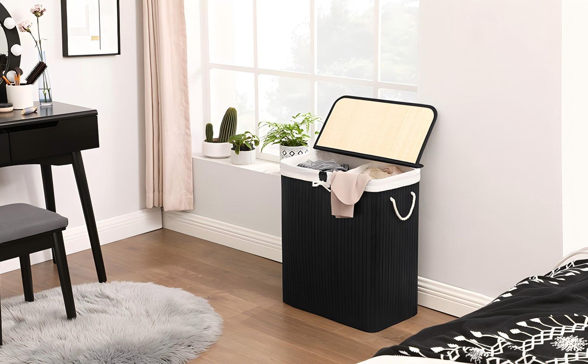 Relaxdays Bambus Wäschekorb 3er Set – Mit Deckel, Herausnehmbarem Bezug, In 3 Größen (45/70/100 Liter)