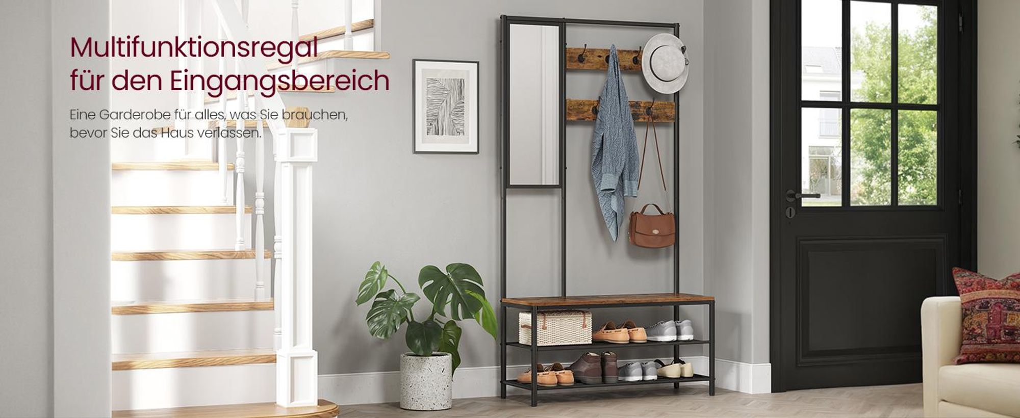 VASAGLE Kleiderständer, Garderobe, Garderobenständer mit Haken, Spiegel, Sitzbank, 35 x 98 x 180 cm, für Eingangsbereich, Schlafzimmer, Wohnzimmer, Industrie-Design, vintagebraun- schwarz HSR415B01