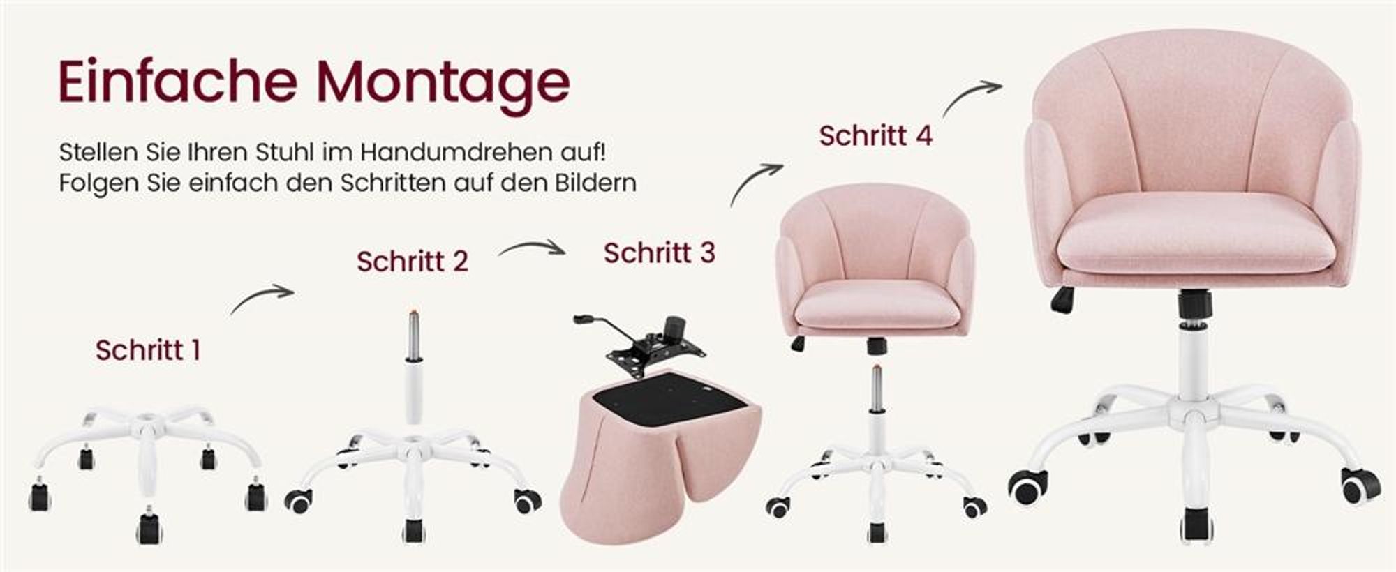 Yaheetech Schminkstuhl Schreibtischstuhl, Bauwollmischung, höhenverstellbarer Bürostuhl Drehstuhl mit Rollen, bis 136 kg, Hellrosa