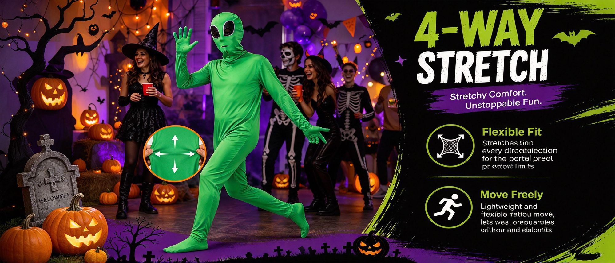Juksun Alien Kostüm Jumpsuit für Erwachsene grün Größe L 180cm mit Kapuze für Halloween Karneval Rollenspiel