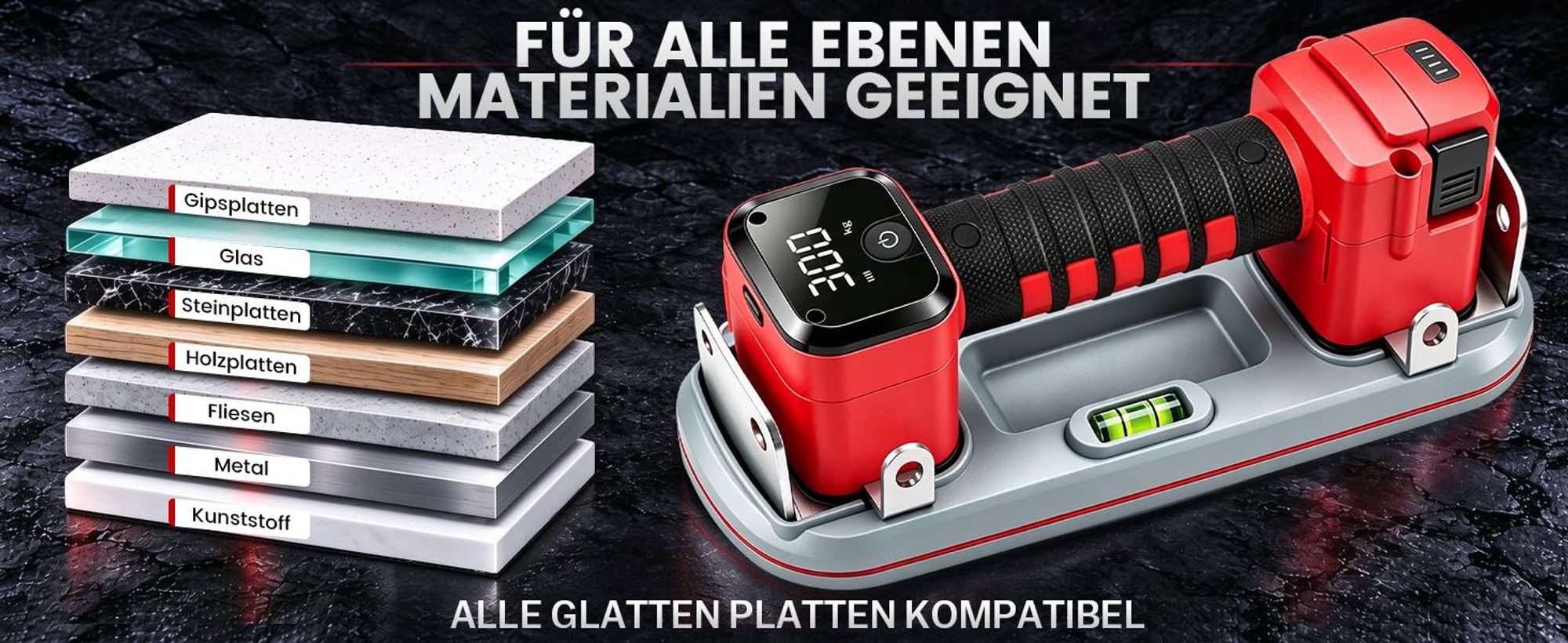 2x Akku Saugheber 26cm Elektrischer Nachsaugend Vakuum Saugnapf 300KG Saugkraft, 3×4Ah Akku LCD-Anzeige Plattenheber für Fliesen Glas Terrassenplatten