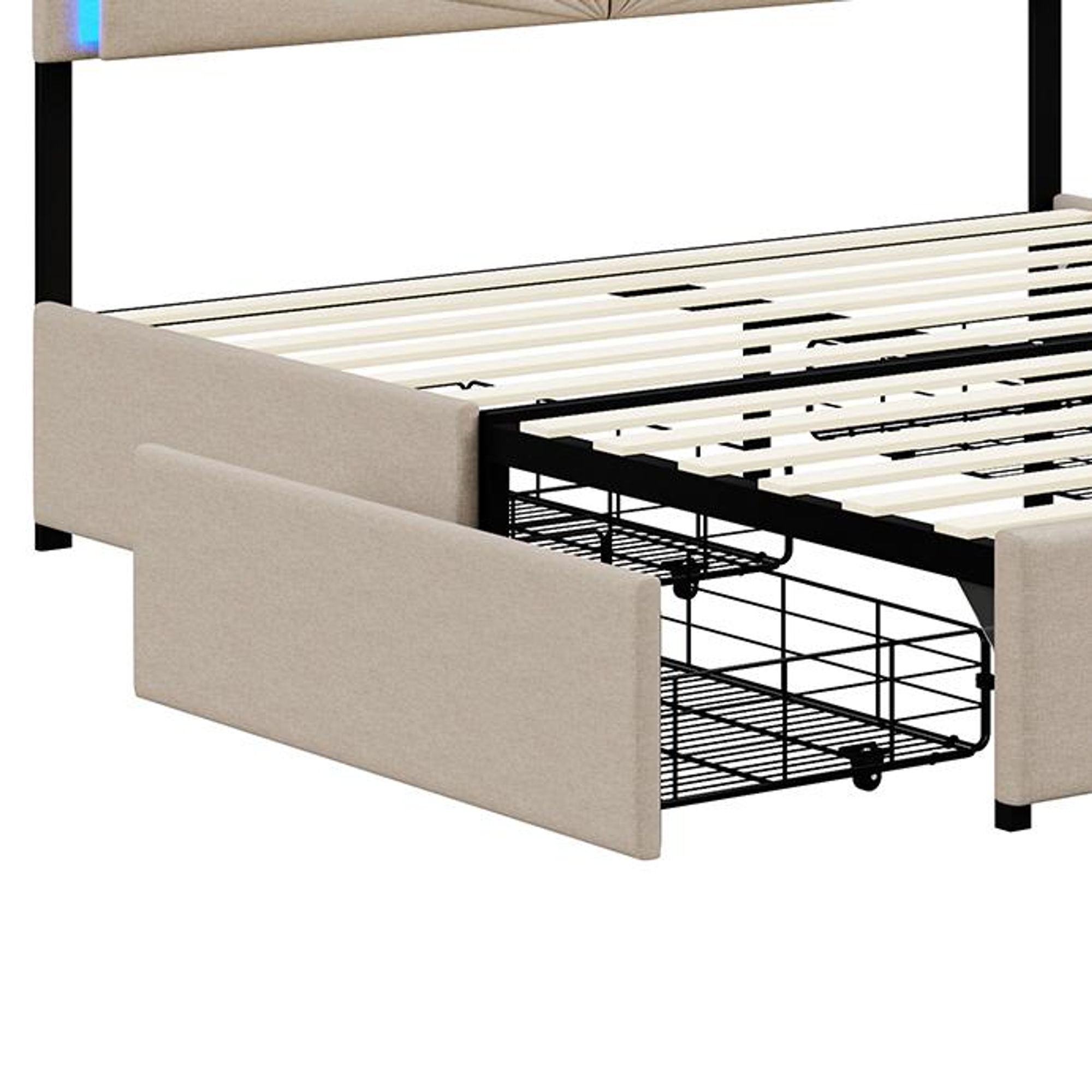 Fortuna Lai Polsterbett 160x200cm mit höhenverstellbarem Kopfteil, LED und 4 Schubladen, Funktionsbett Doppelbett aus Leinen, Beige