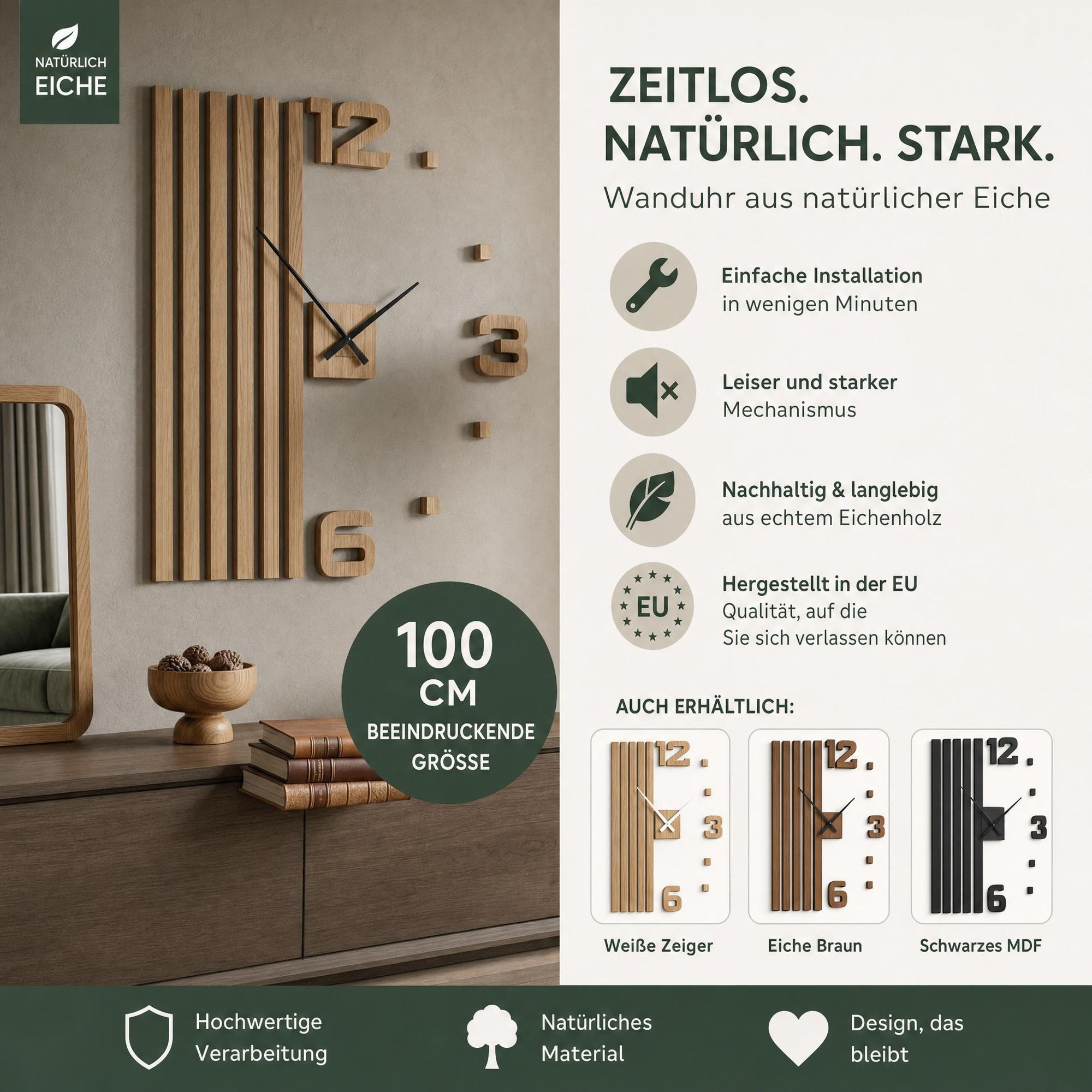 Wanduhr groß wanduhren Holz Eiche Holzoptic Natur Elegant Quartz ohne tickgeräusche für Büro Wohnzimmer Schlafzimmer XXL 100cm Braun, Schwarze Zeiger
