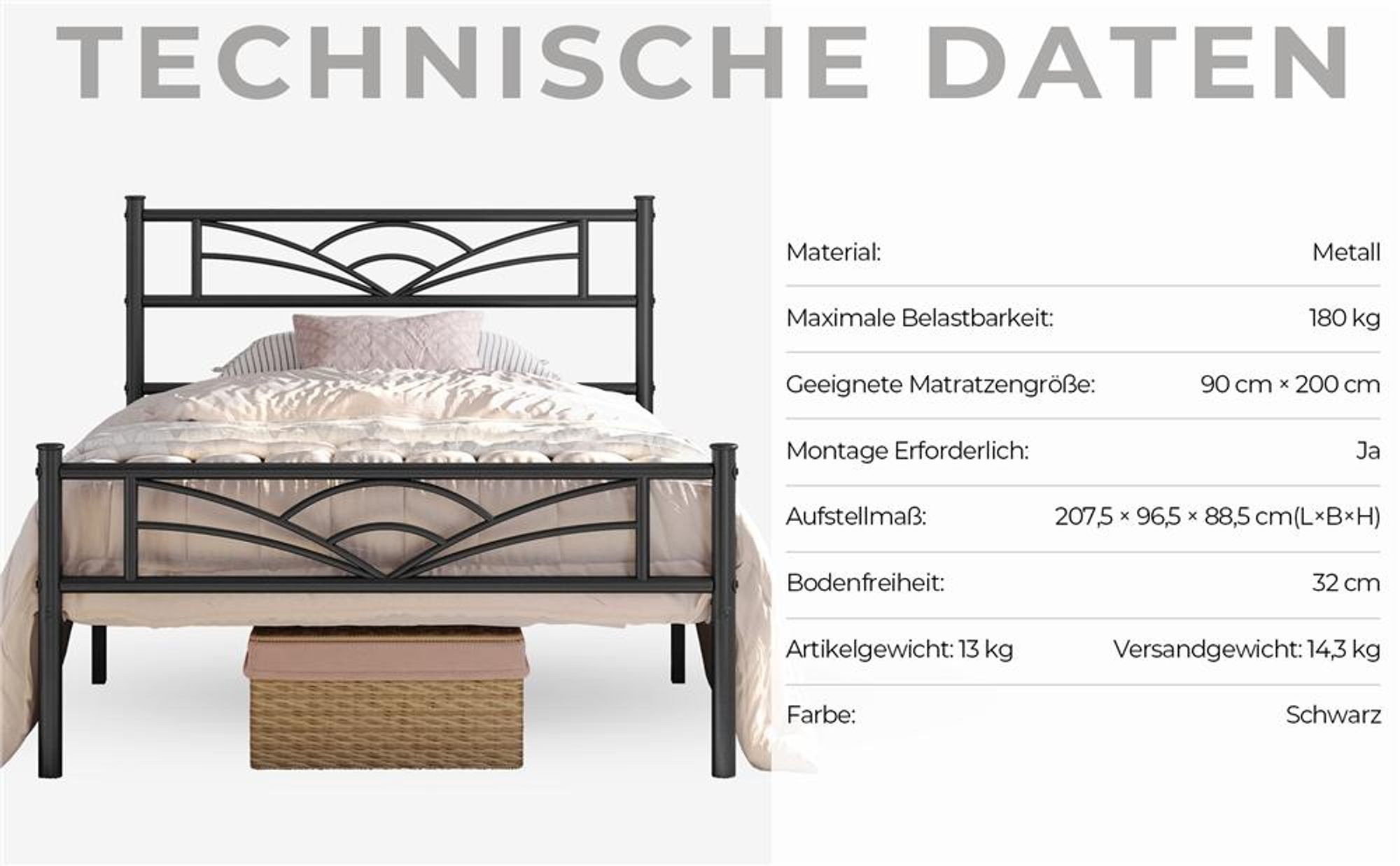 Yaheetech Metallbett Bettgestell 90 x 200 cm, Bettrahmen mit Wolkenmuster Kopfteil, Schwarz