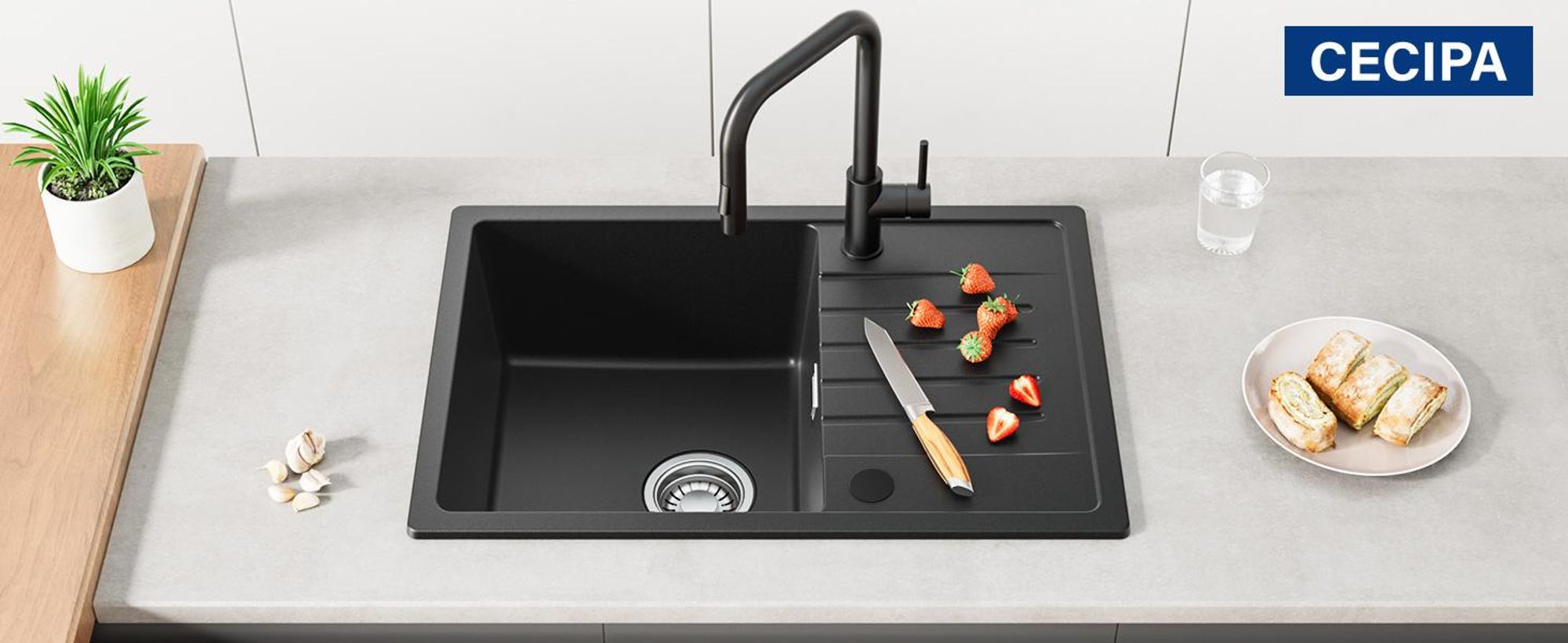 CECIPA Granitspüle Küchenspüle Granit Spülbecken 65x45, Aufsatzwaschbecken Anthrazitschwarzes Küchenspülbecken, Mit Abtropffläche