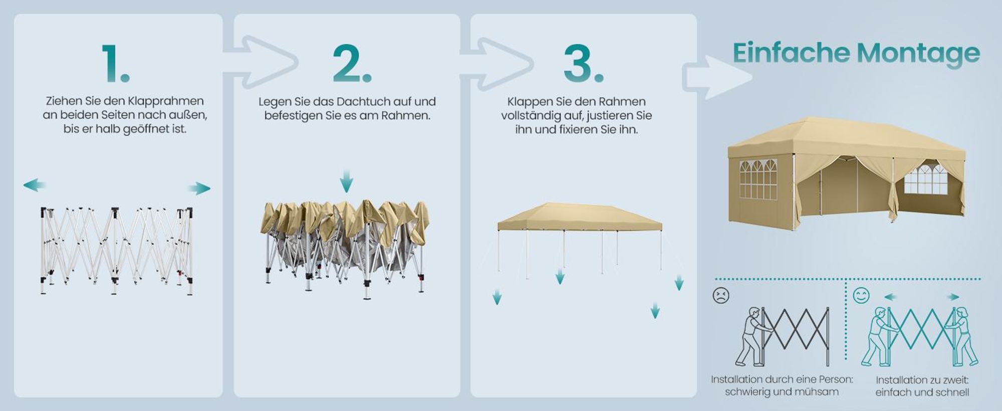 SONGMICS Faltzelt 6 x 3 m, mit Seitenwänden, stabil, tragbar, Pavillon für Garten, Hof, Party, Sonnenschutz, beige