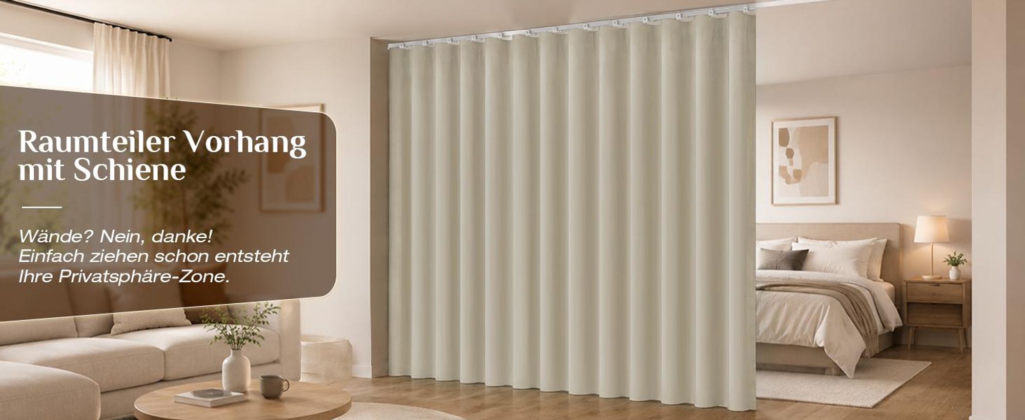 Extra Breite Vorhang Blickdicht Raumteiler mit Schiene Gardinen Vorhänge Türvorhang für Wohnzimmer Schlafzimmer, B254xH244cm, Beige