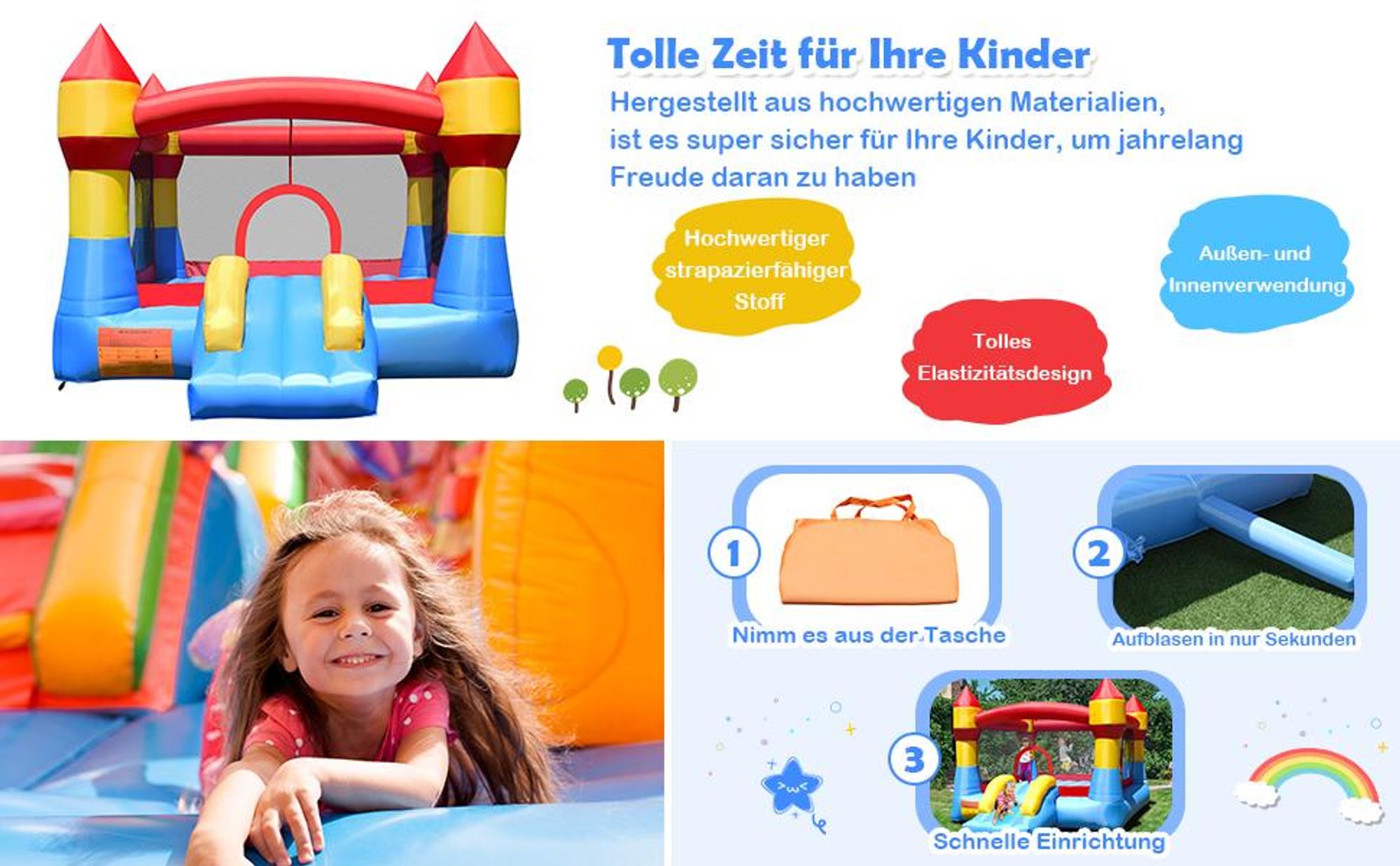 COSTWAY Hüpfburg mit Rutsche & großem Sprungbereich, Kinder Springburg für Indoor & Outdoor, inkl. Tragetasche, Reparaturset, 380 x 280 x 221 cm