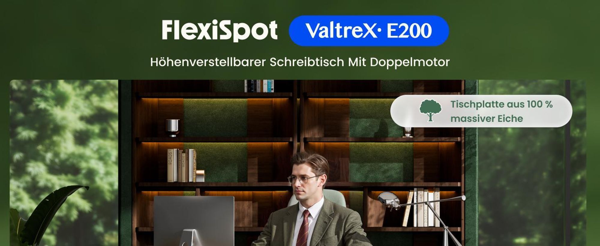 FLEXISPOT ValtreX E200 Höhenverstellbarer Schreibtisch 180x80cm, EICHE MASSIVHOLZ Finger-Joint Tischplatte, 200KG Tragkraft, 2 Motoren, USB-Anschluss