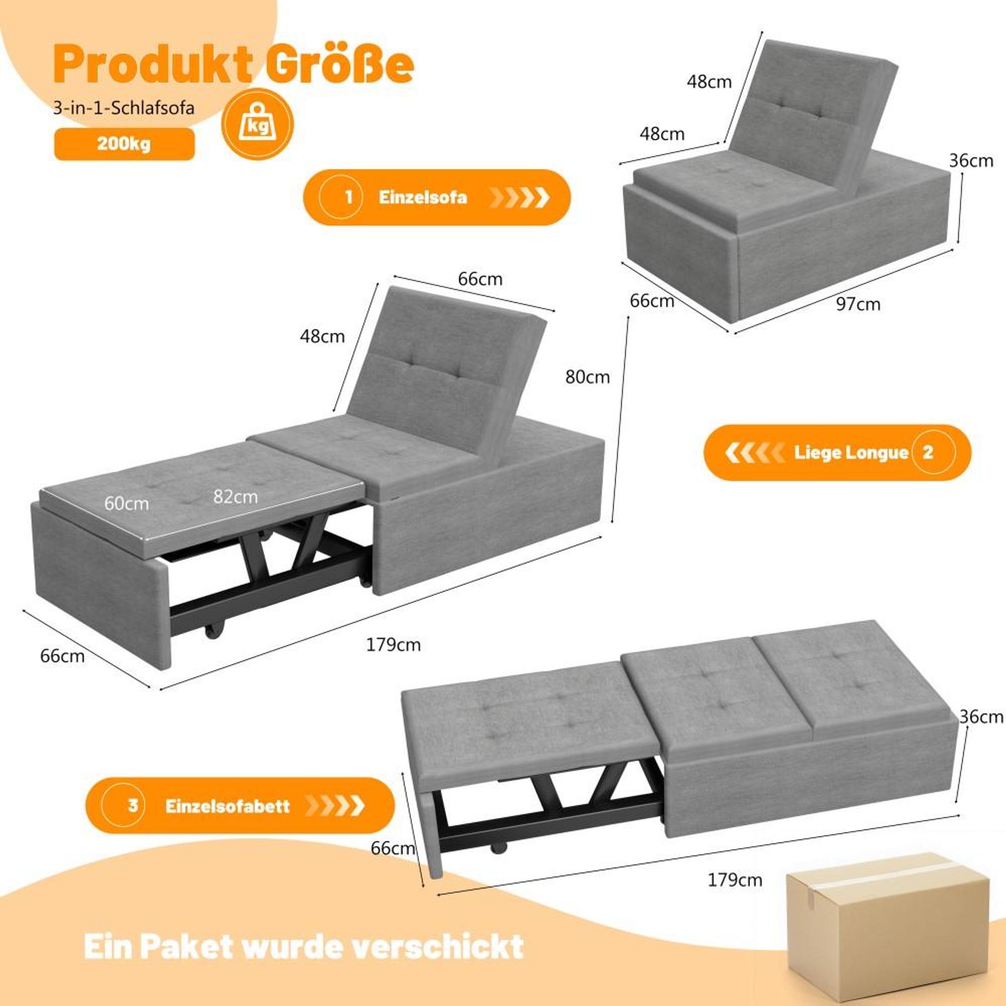 OYAJIA Schlafsofa ,Relaxsofa,3 in 1 Klappsofa Multifunktions-Sofa, Loungesofa mit verstellbarer Rückenlehne, Liegesofa für kleine Räume,Grau