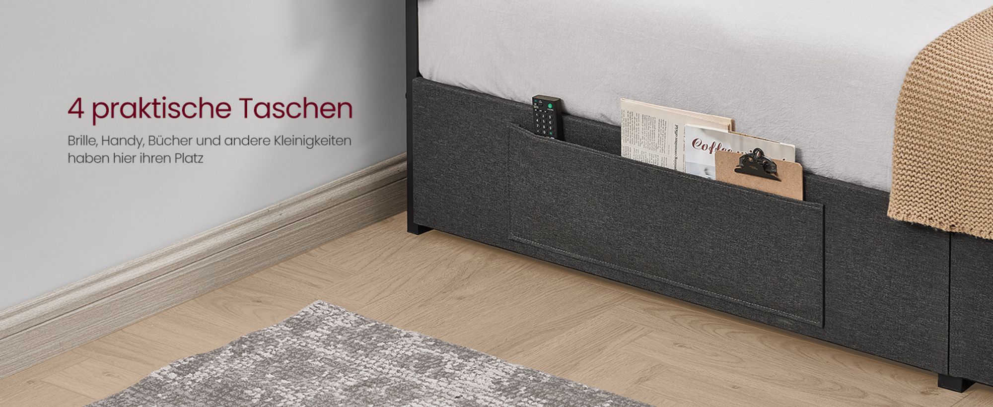 VASAGLE Doppelbettgestell, Bettgestell, 140 x 200 cm, LED, Metallbett, 4 Schubladen, Ladestation, verstellbares gepolstertes Kopfteil, Schiefergrau