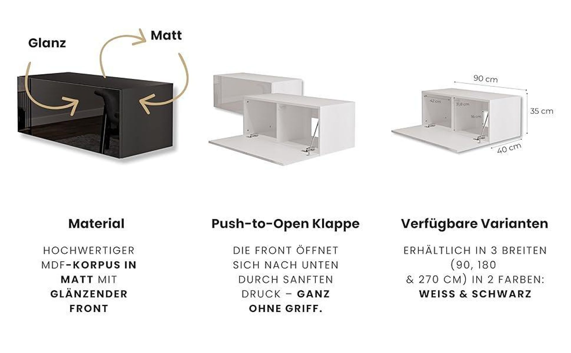 Schwarz TV Lowboard 270 cm Hängeschrank für Wohnwand Fernsehtisch Hochglanz Front MDF Fernsehschrank Kabelöffnung Push-to-Open