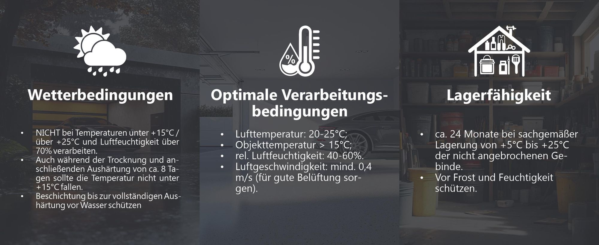 wetterbedingungen. optimale verarbeitungs bedingungen, lagerfähigkeit - display