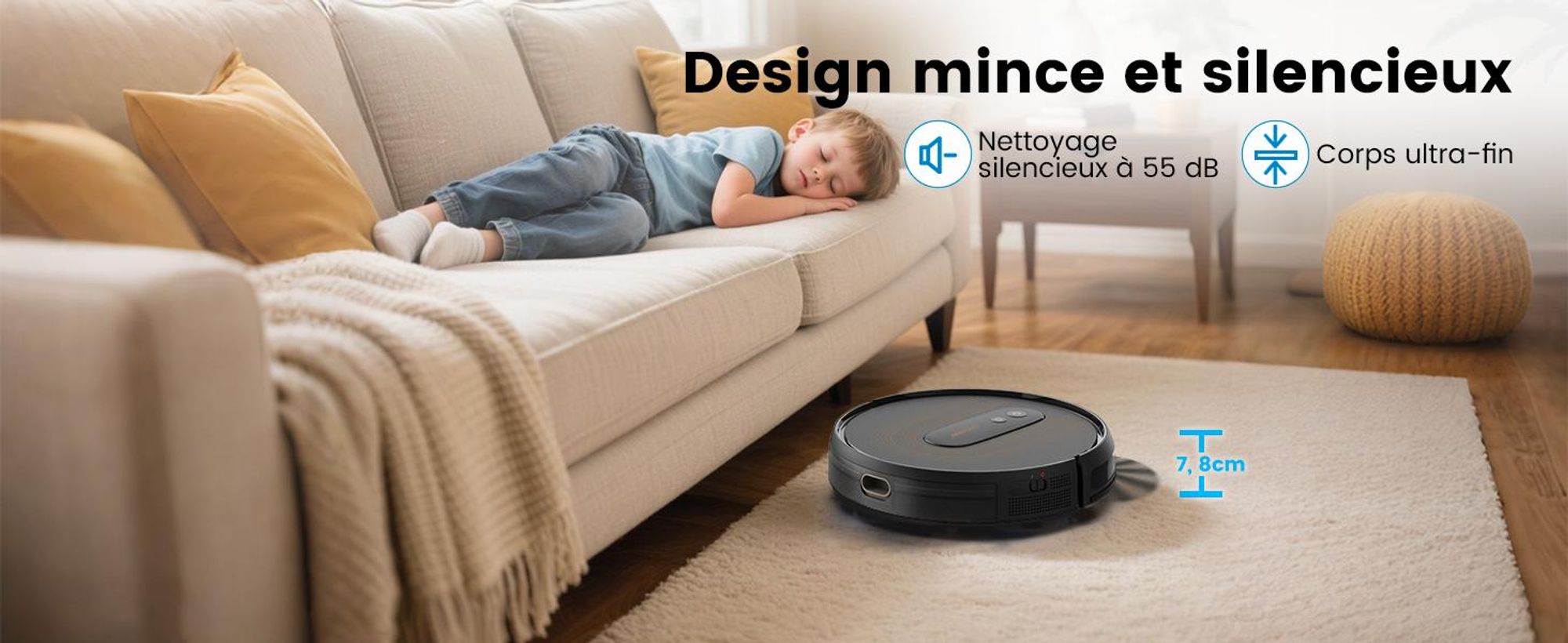 Robot aspirateur AIRROBO G50, puissance d'aspiration de 4 000 Pa,via application, autonomie de 120 minutes, grand bac à poussière de 600 ml, robot aspirateur optimisé pour les tapis et les poils d'animaux