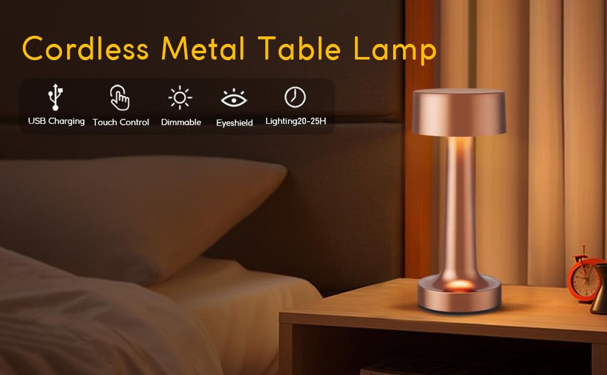 LED-Tischlampe, USB-Aufladung, Kabellos Dimmbar Tischleuchte, 3 Helligkeitsstufen, Touch Steuerung Nachttischlampen, Warmweiβ Nachtlicht, Rotbronze