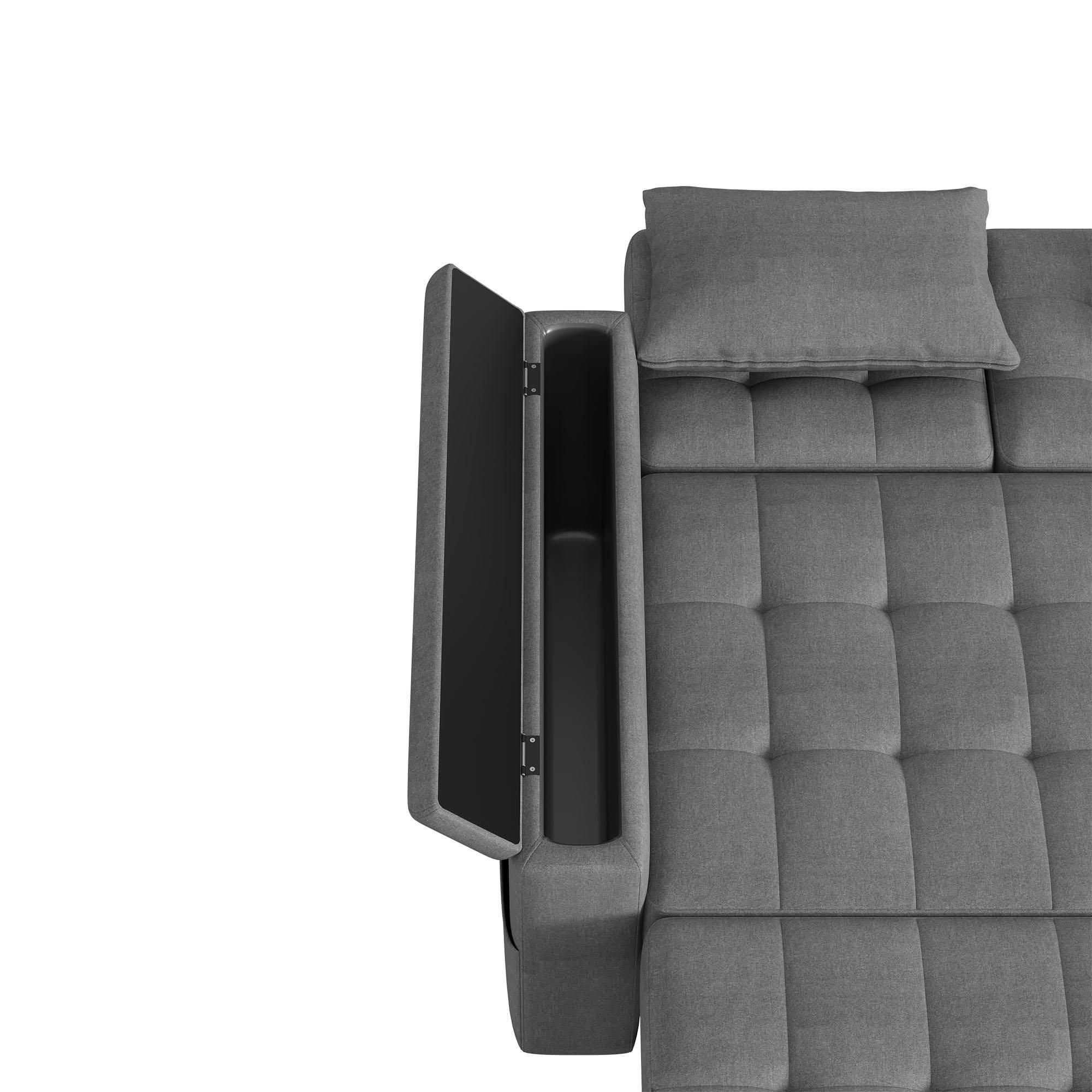 Merax 2-Sitzer Schlafsofa mit Schlaffunktion, Verstellbarer Rückenlehne, Getränkehalter, Staufächern, Kissen, Sofa, Bettsofa, Klappbett, Linen, Grau