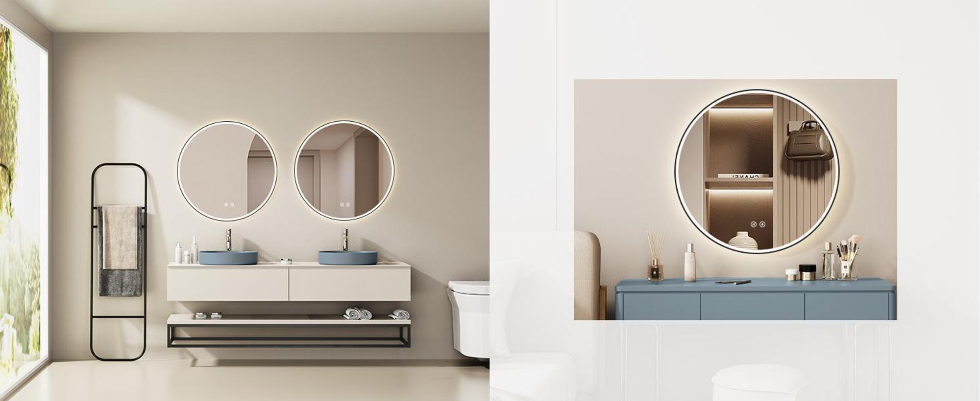 HOKO Miroir de salle de bain anti-buée rond 60cm avec cadre+lumière changeant blanc chaud/blanc froid/neutre 2700-6500 K. Lumière allumable par interrupteur tactile/mural. Salerno