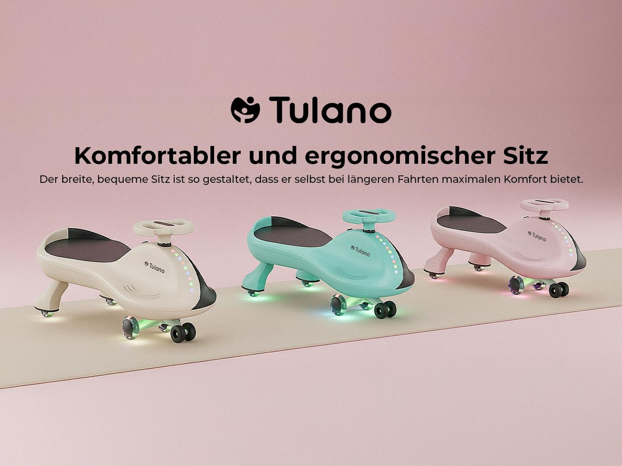 Rutschauto für Kinder Tulano Focus 35 Pink - Kinderfahrzeug ab 3 Jahren – Schwerkraftantrieb, LED-Räder, bis 100 kg - Auto Swing Car Rutscher