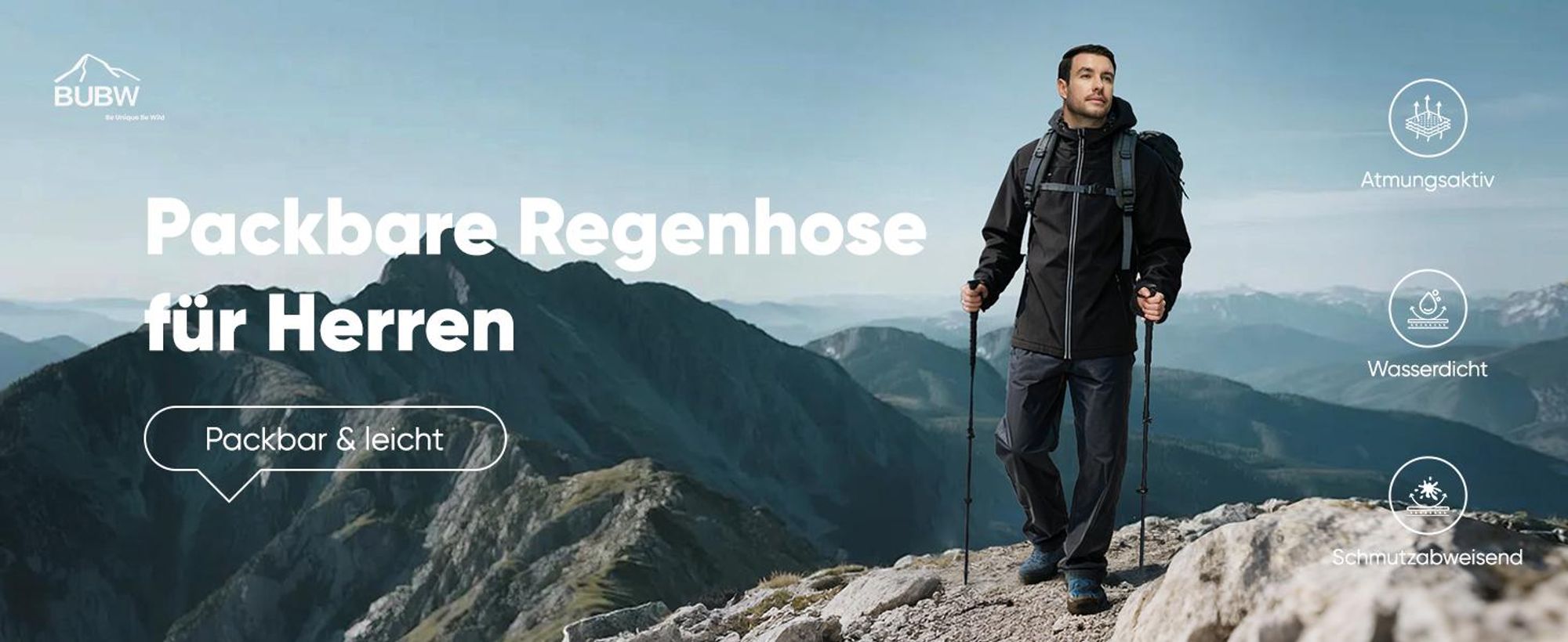 BUBW Herren Regenhose wasserdicht winddicht atmungsaktiv Leicht & faltbar für Outdoor, Wandern, Radfahren, Angeln Mit Reflexstreifen & verstellbarem