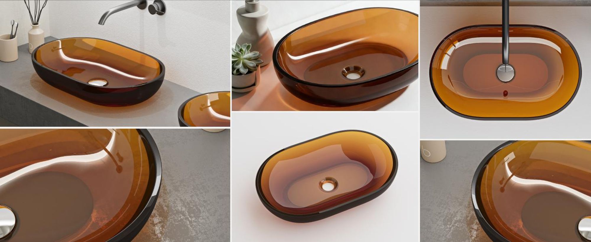 Mai & Mai Waschbecken Aufsatzwaschbecken aus Kunstharz Waschschale Handwaschbecken Oval 54x34x10,5cm in Bernstein ohne Hahnloch und Überlauf Coloria03