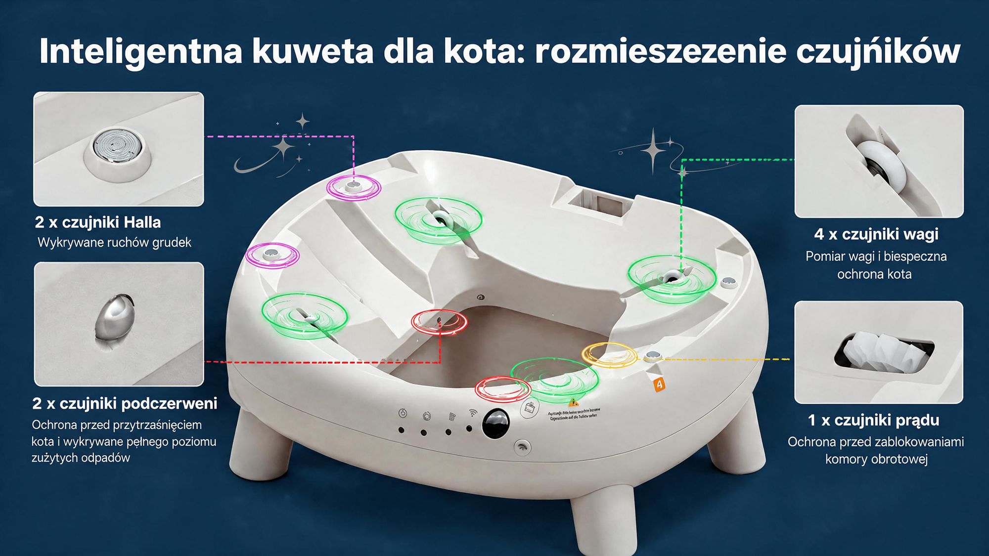 Automatyczna toaleta dla kota XXL, sterowana aplikacją, przeznaczona dla dużych kotów lub domów z wieloma kotami, wyposażona w 9 czujników zapobiegających zacięciom, o minimalnym zapachu i cichym działaniem