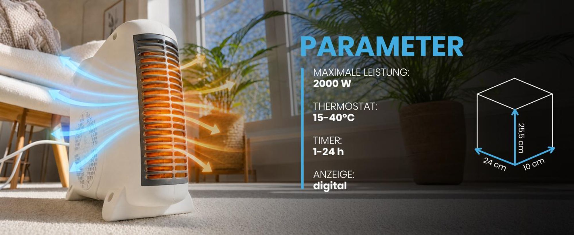 Heizlüfter Schnellheizer Elektroheizung Ventilatorfunktion 2000 W mit Thermostat